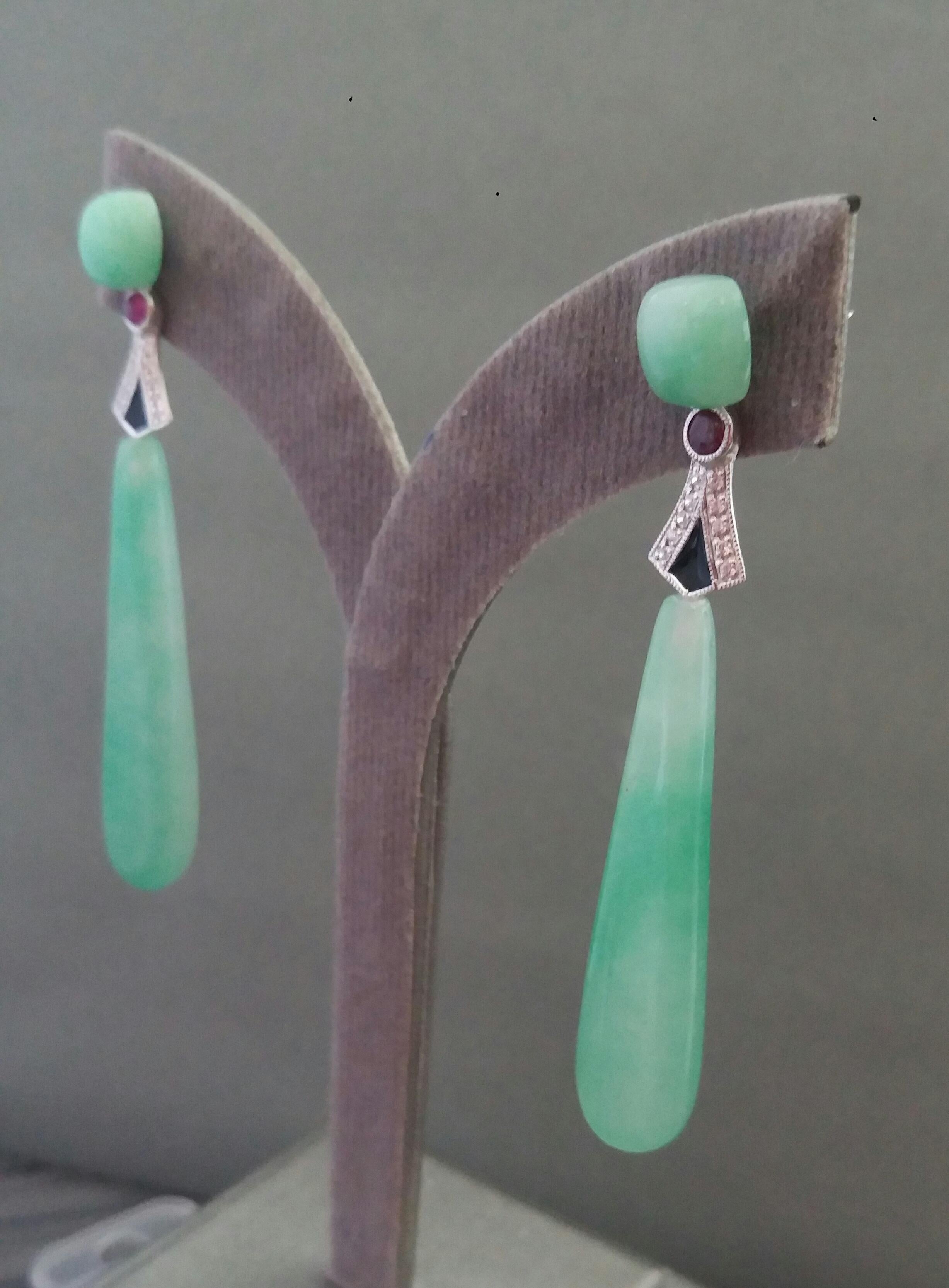 Art Deco Style 14 Karat Gold Diamonds Rubies Black Enamel Jade Drop Earrings For Sale 4
