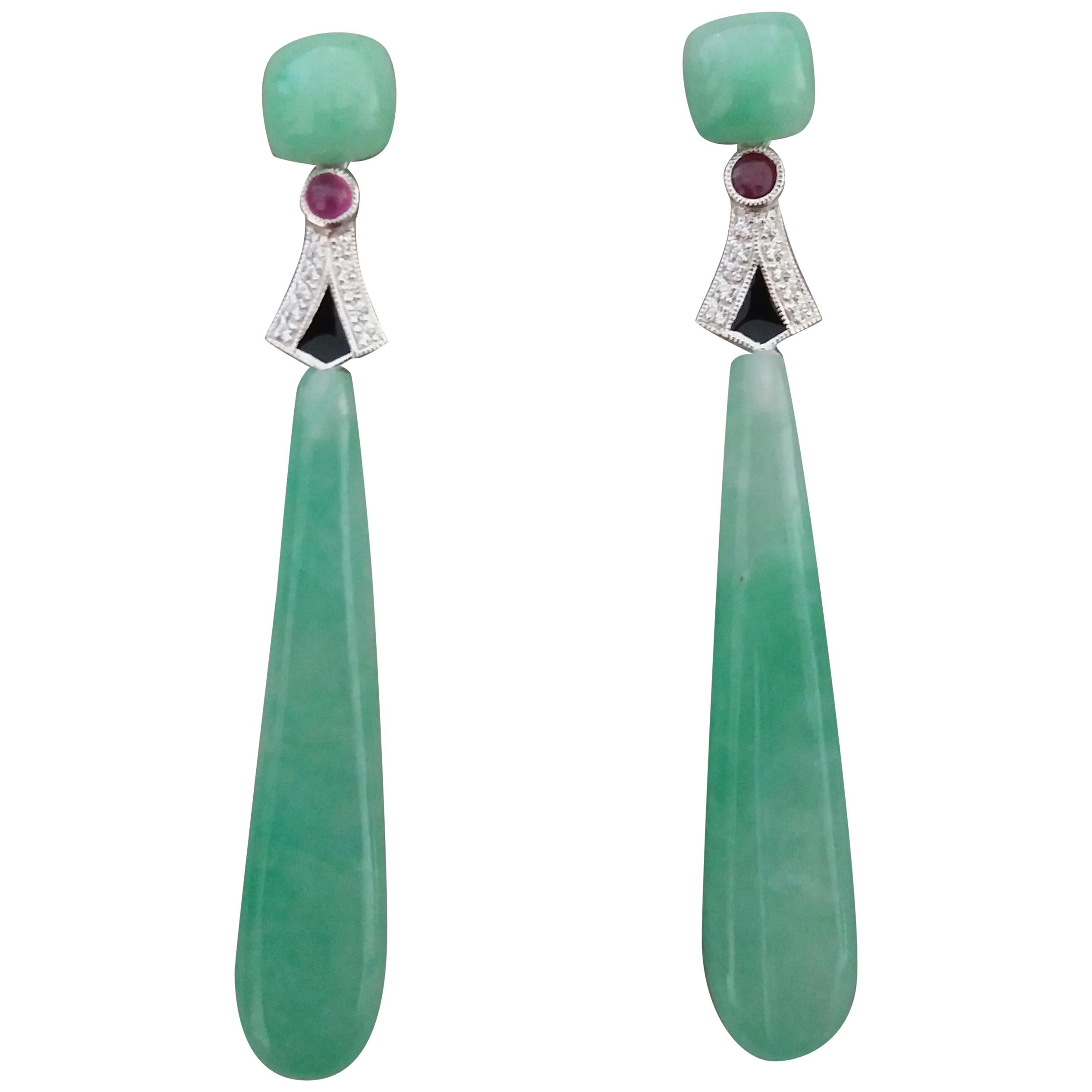Art Deco Style 14 Karat Gold Diamonds Rubies Black Enamel Jade Drop Earrings For Sale