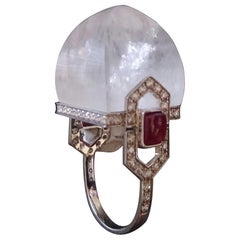 Art Deco Style 14 Karat Gold Diamonds Rubies Rock Crystal Pyramid Cocktail Ring