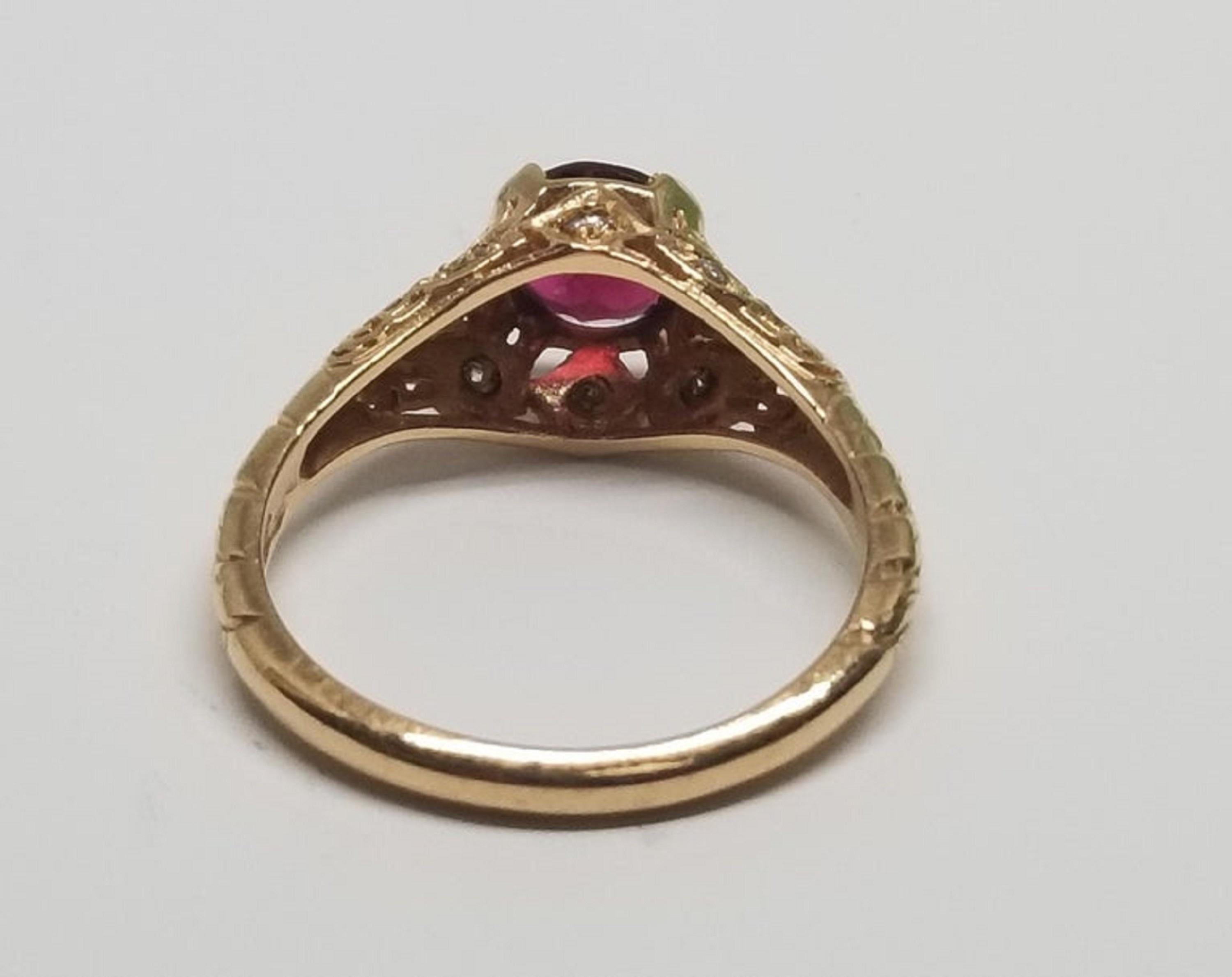 Retro Art Deco Style 14 Karat Rose Gold Pink Tourmaline and Diamond Ring For Sale