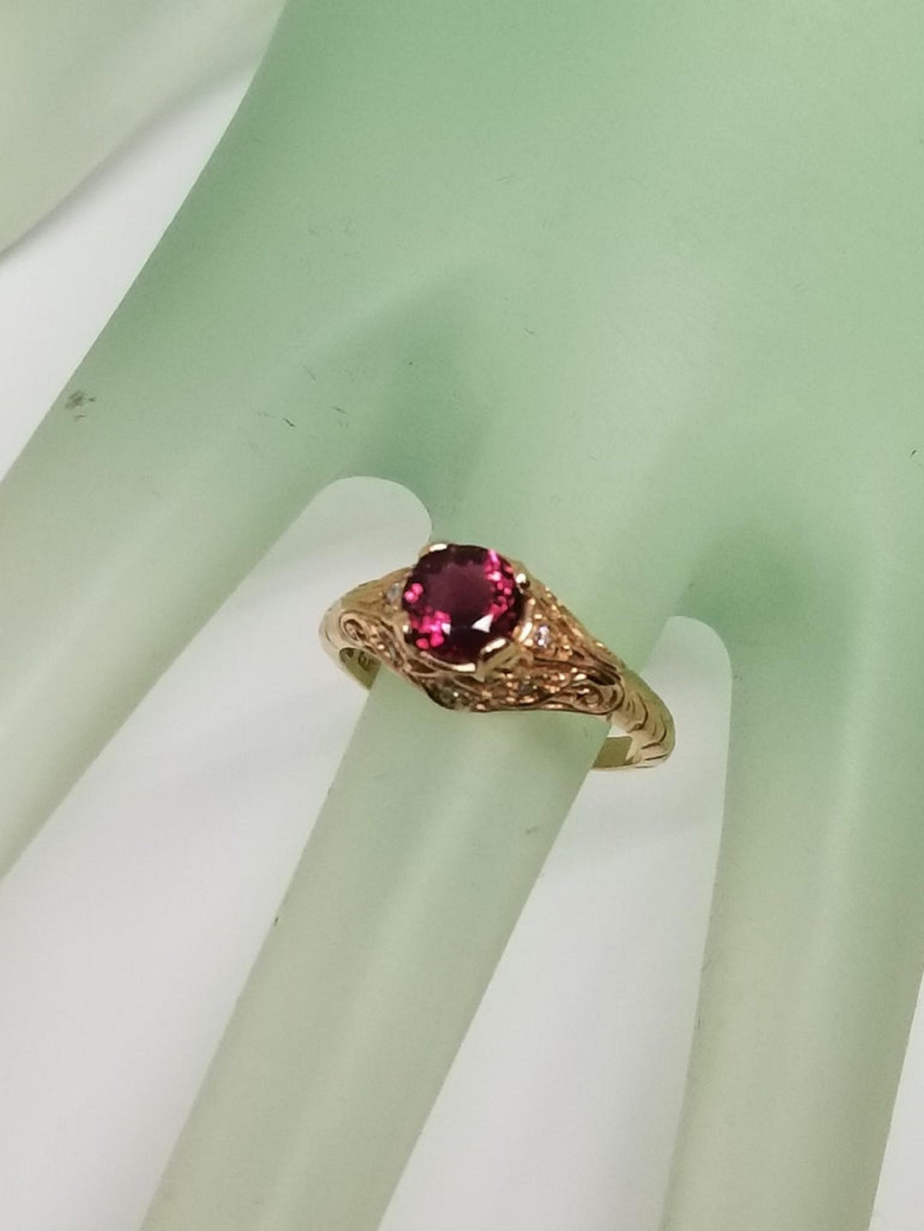 Round Cut Art Deco Style 14 Karat Rose Gold Pink Tourmaline and Diamond Ring For Sale