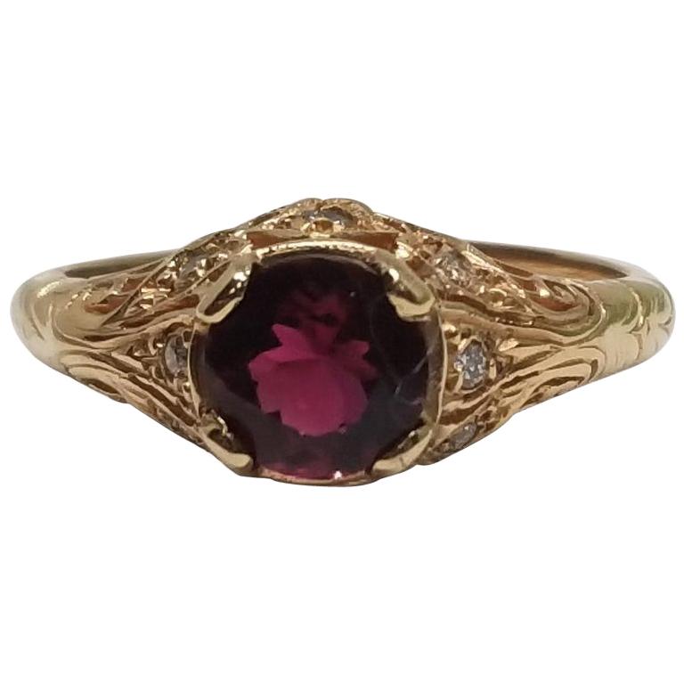 Art Deco Style 14 Karat Rose Gold Pink Tourmaline and Diamond Ring For Sale