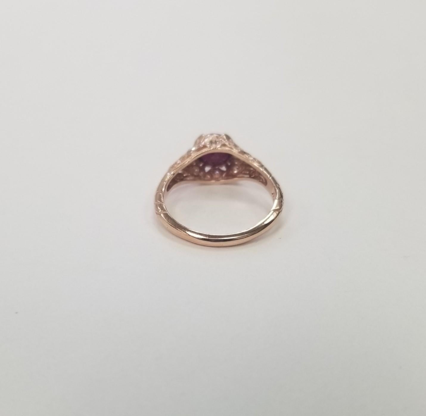 Retro Art Deco Style 14 Karat Rose Gold Ruby and Diamond Ring For Sale