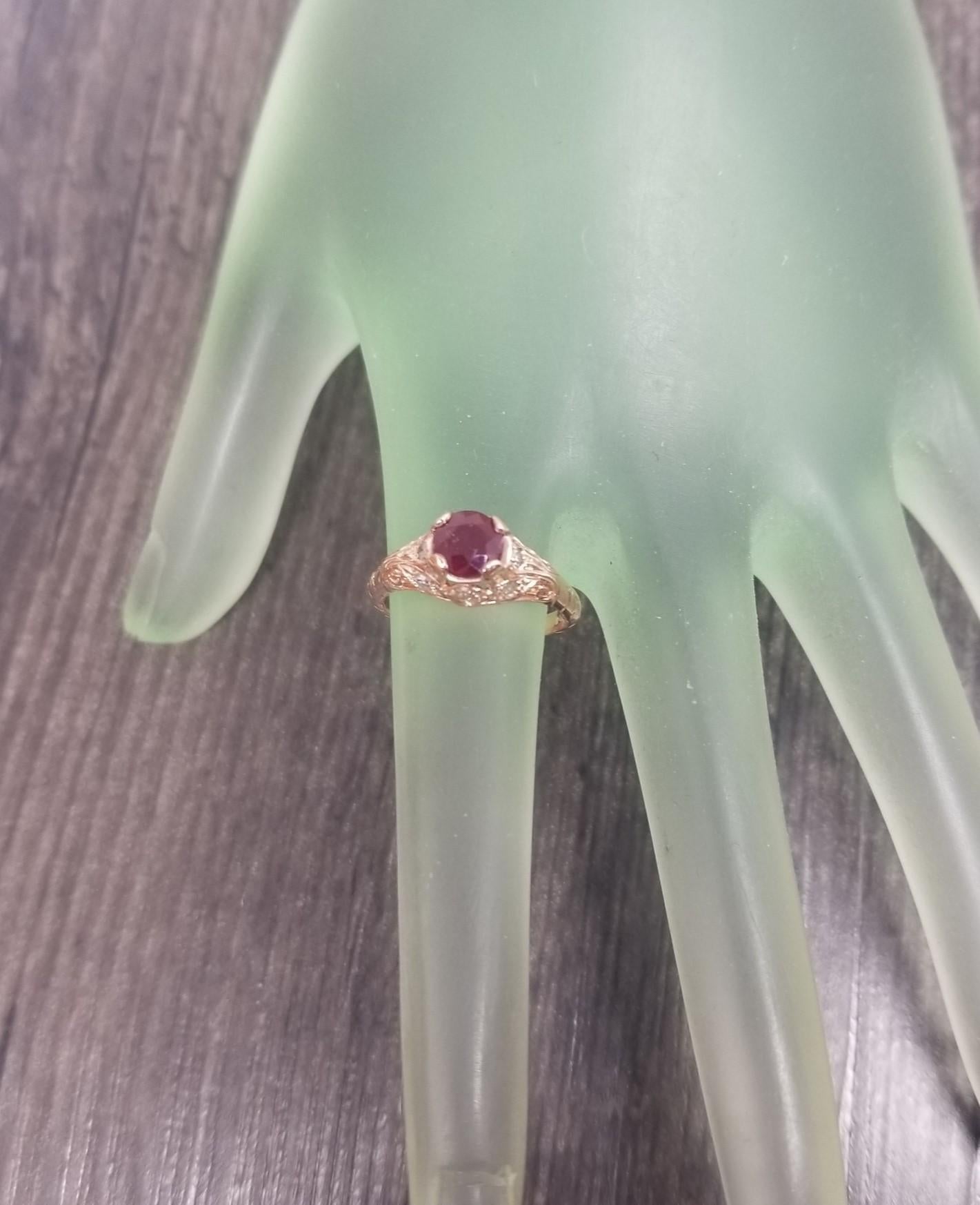 Art Deco Style 14 Karat Rose Gold Ruby and Diamond Ring In New Condition For Sale In Los Angeles, CA