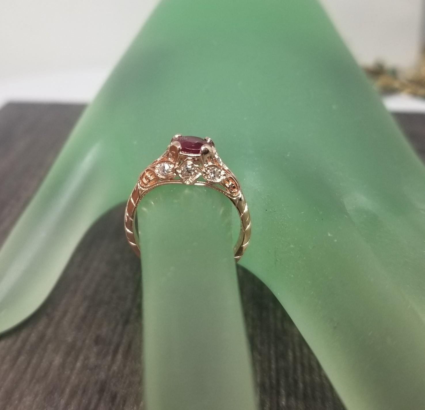 Women's or Men's Art Deco Style 14 Karat Rose Gold Ruby and Diamond Ring For Sale