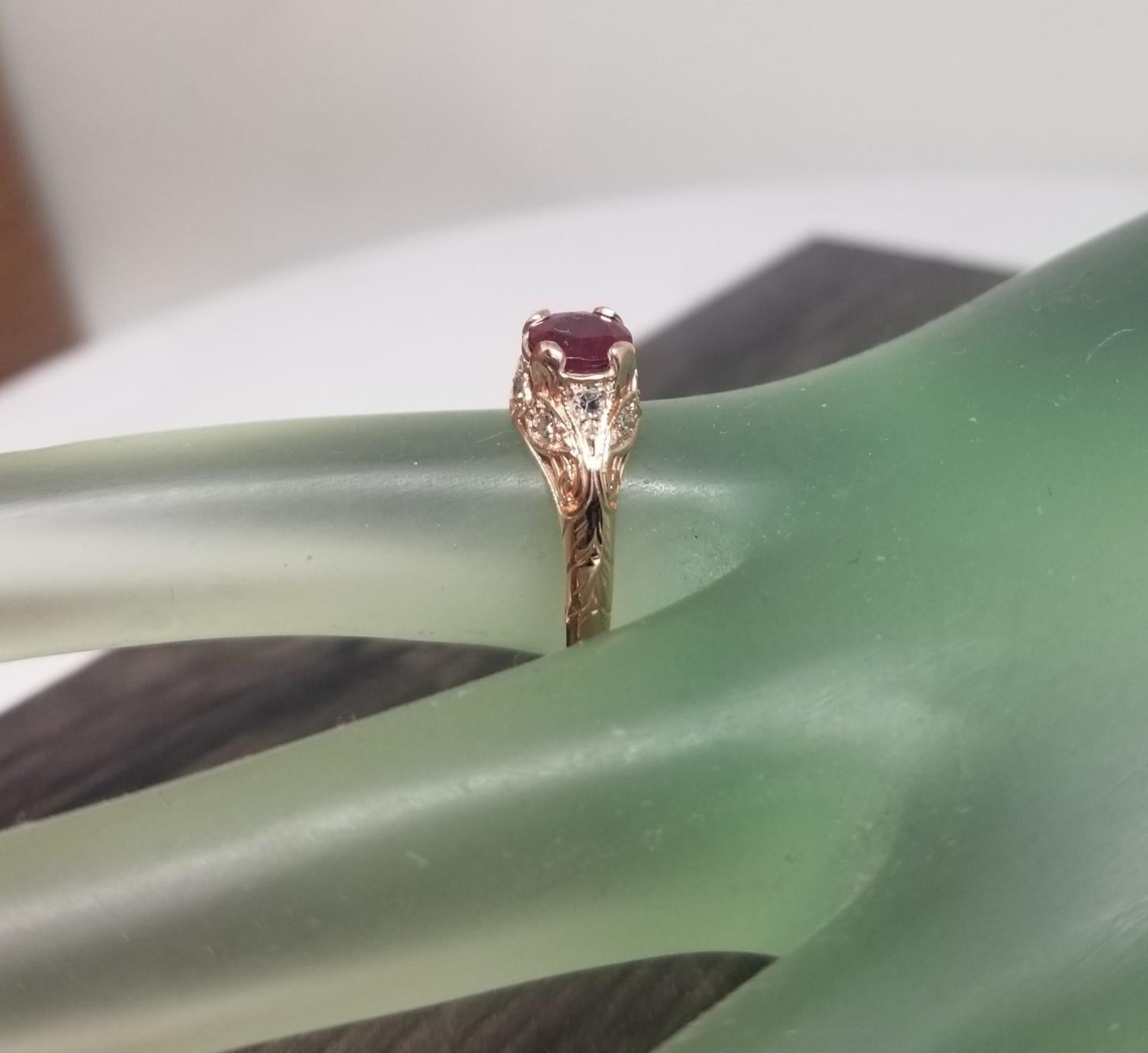 Art Deco Style 14 Karat Rose Gold Ruby and Diamond Ring For Sale 1