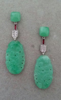 Art Deco Style 14 Karat White Gold Diamonds Red Enamel Jade Dangle Earrings
