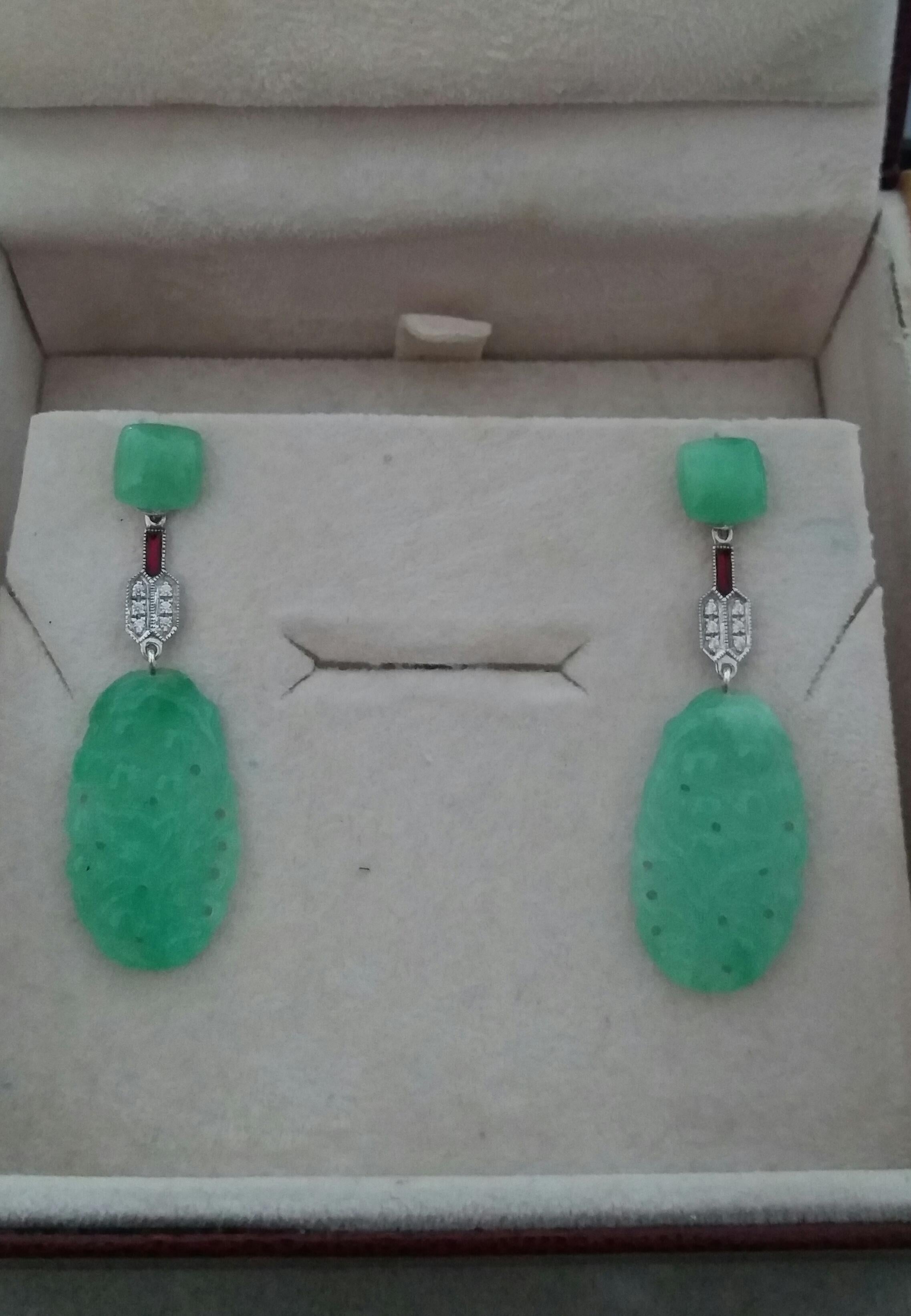 Art Deco Style 14 Karat White Gold Diamonds Red Enamel Jade Dangle Earrings For Sale 1