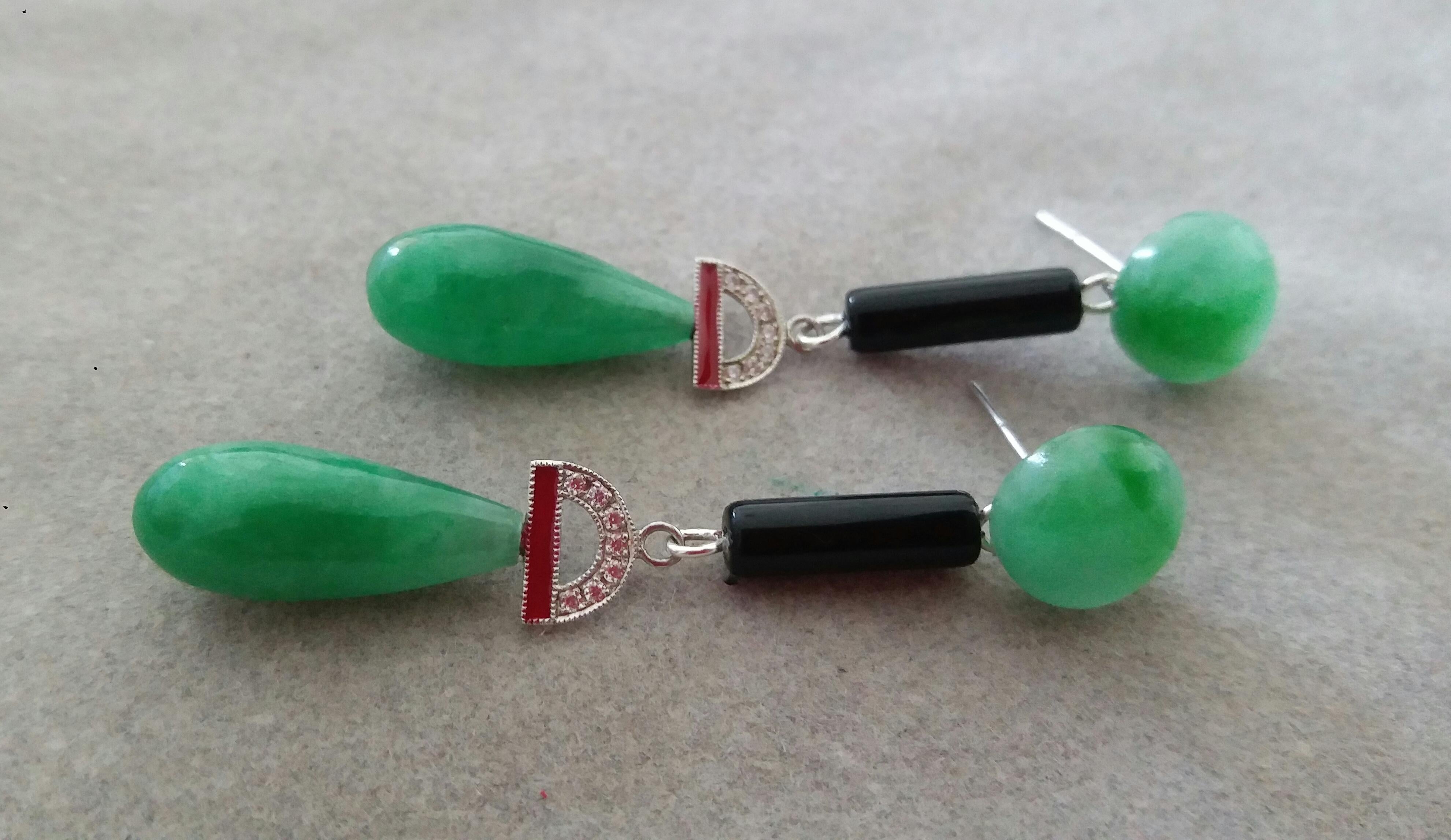 Art Deco Stil 14 Karat Gold Diamanten Schwarzer Onyx Rot Emaille Jade Tropfenohrringe (Gemischter Schliff)
