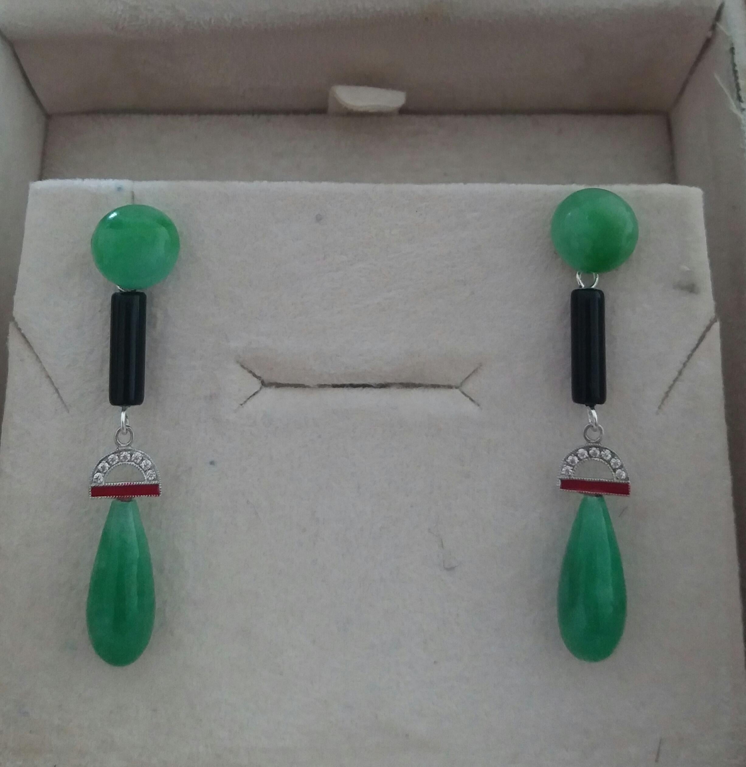 Art Deco Style 14 Karat Gold Diamonds Black Onyx Red Enamel Jade Drop Earrings In Good Condition For Sale In Bangkok, TH