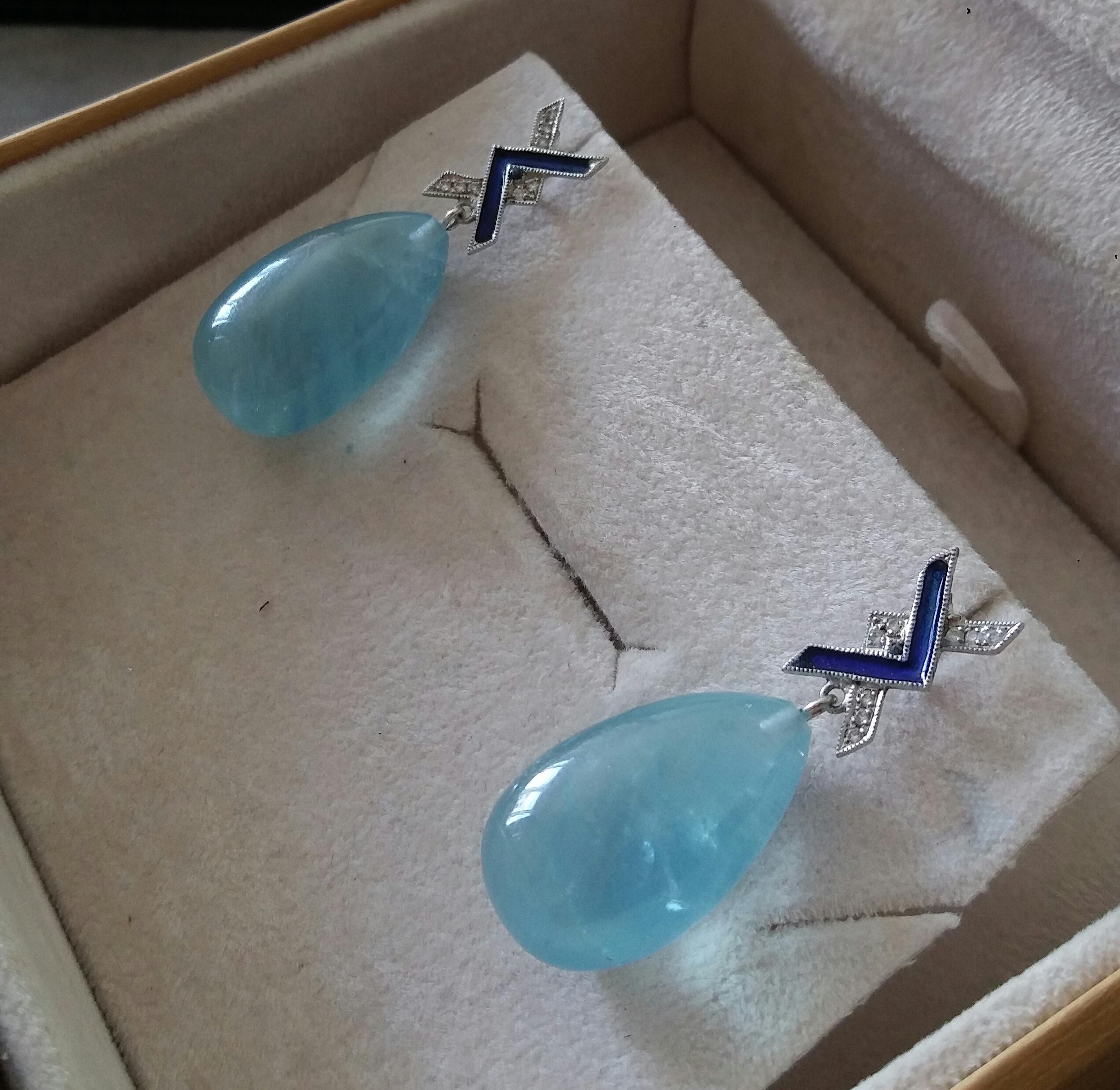 Orecchini a goccia in stile Art Deco in oro 14 Kt con diamanti, smalto blu e acquamarina naturale in vendita 4