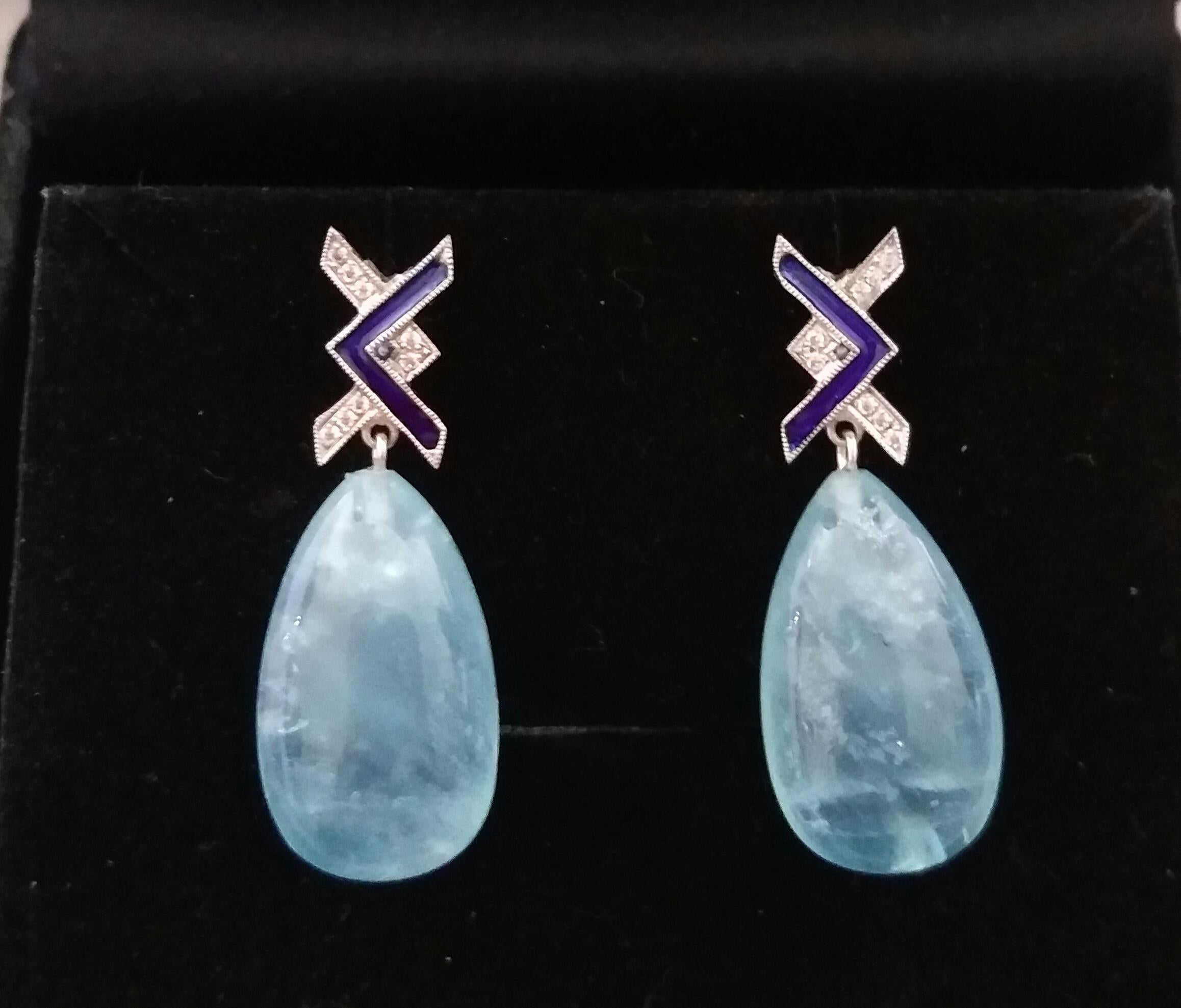 Art Deco Style 14 Kt Gold Diamonds Blue Enamel Natural Aquamarine Drop Earrings For Sale 6