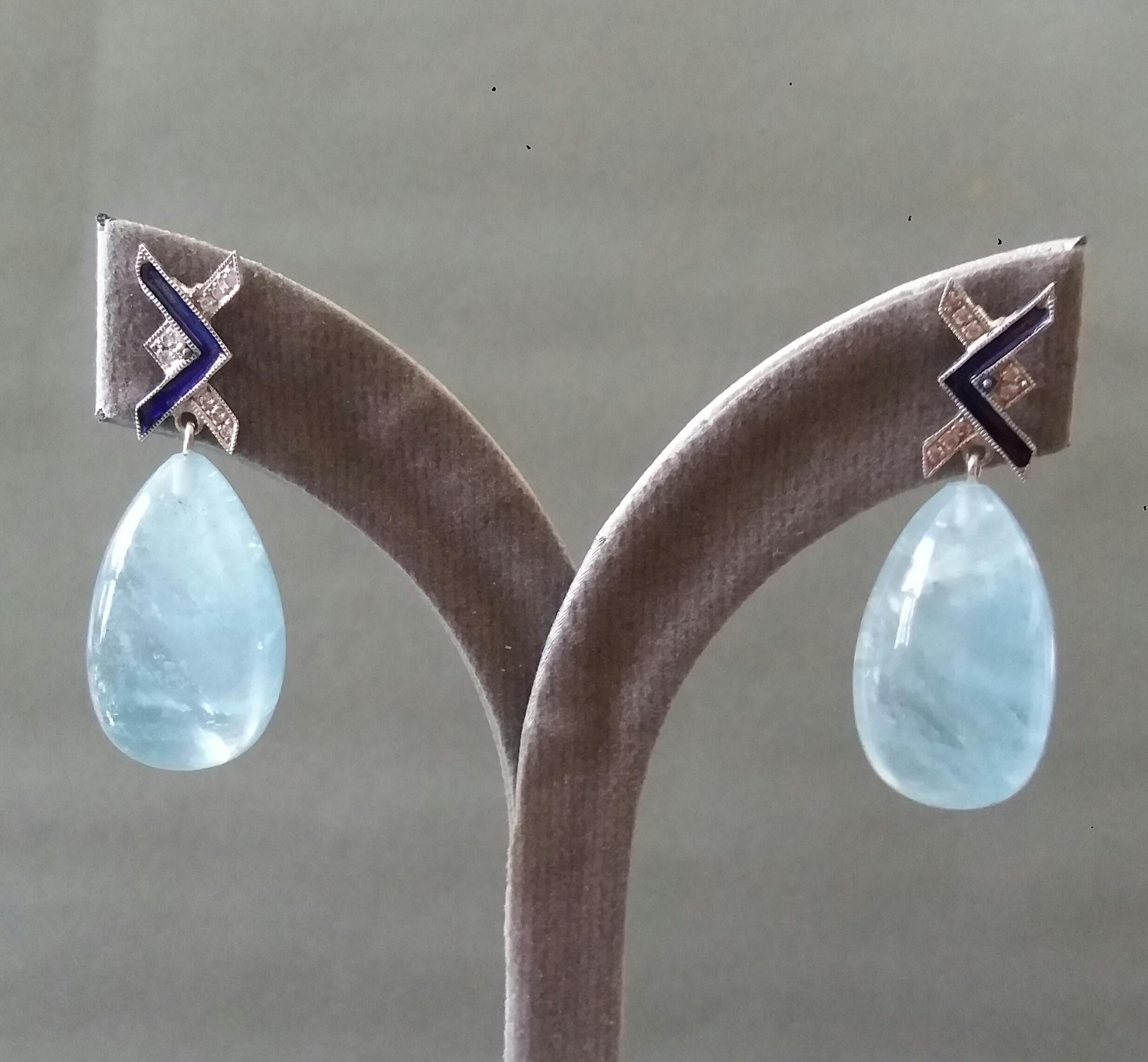 Art Deco Style 14 Kt Gold Diamonds Blue Enamel Natural Aquamarine Drop Earrings For Sale 7