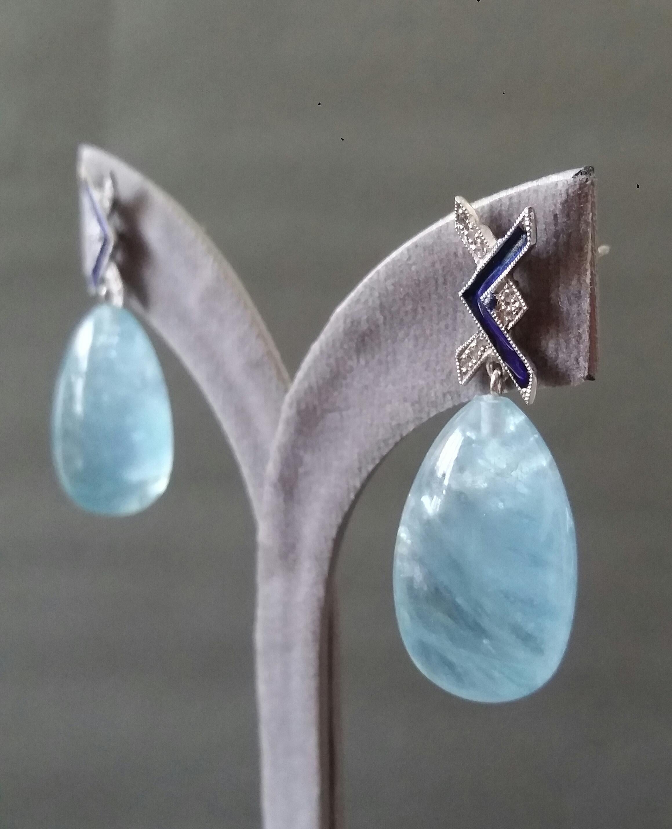 Art Deco Style 14 Kt Gold Diamonds Blue Enamel Natural Aquamarine Drop Earrings For Sale 8