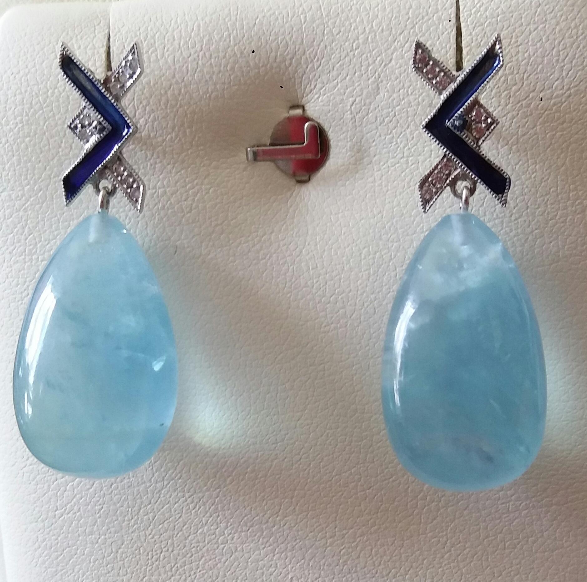 Art Deco Style 14 Kt Gold Diamonds Blue Enamel Natural Aquamarine Drop Earrings For Sale 9