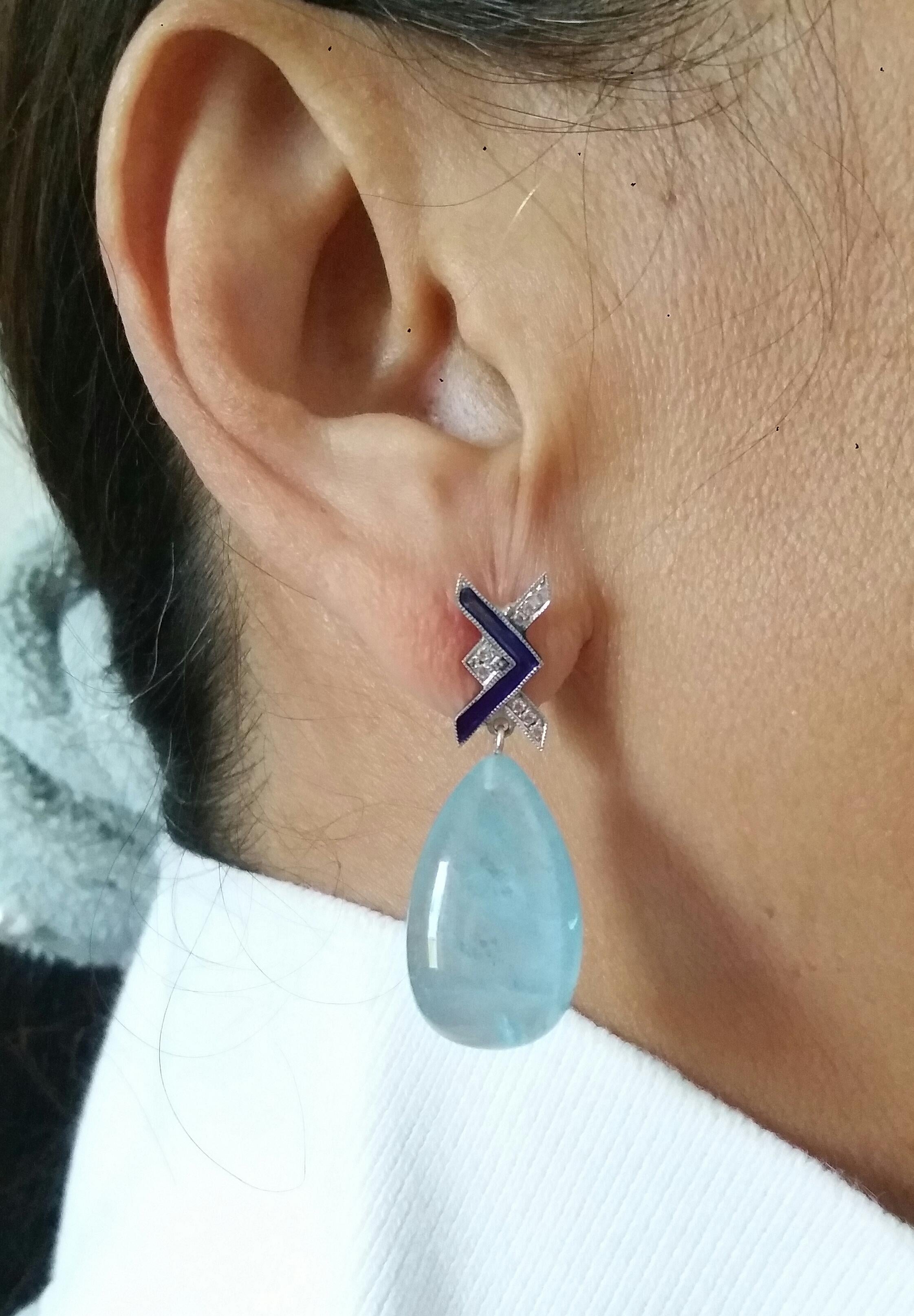 Orecchini a goccia in stile Art Deco in oro 14 Kt con diamanti, smalto blu e acquamarina naturale in vendita 9