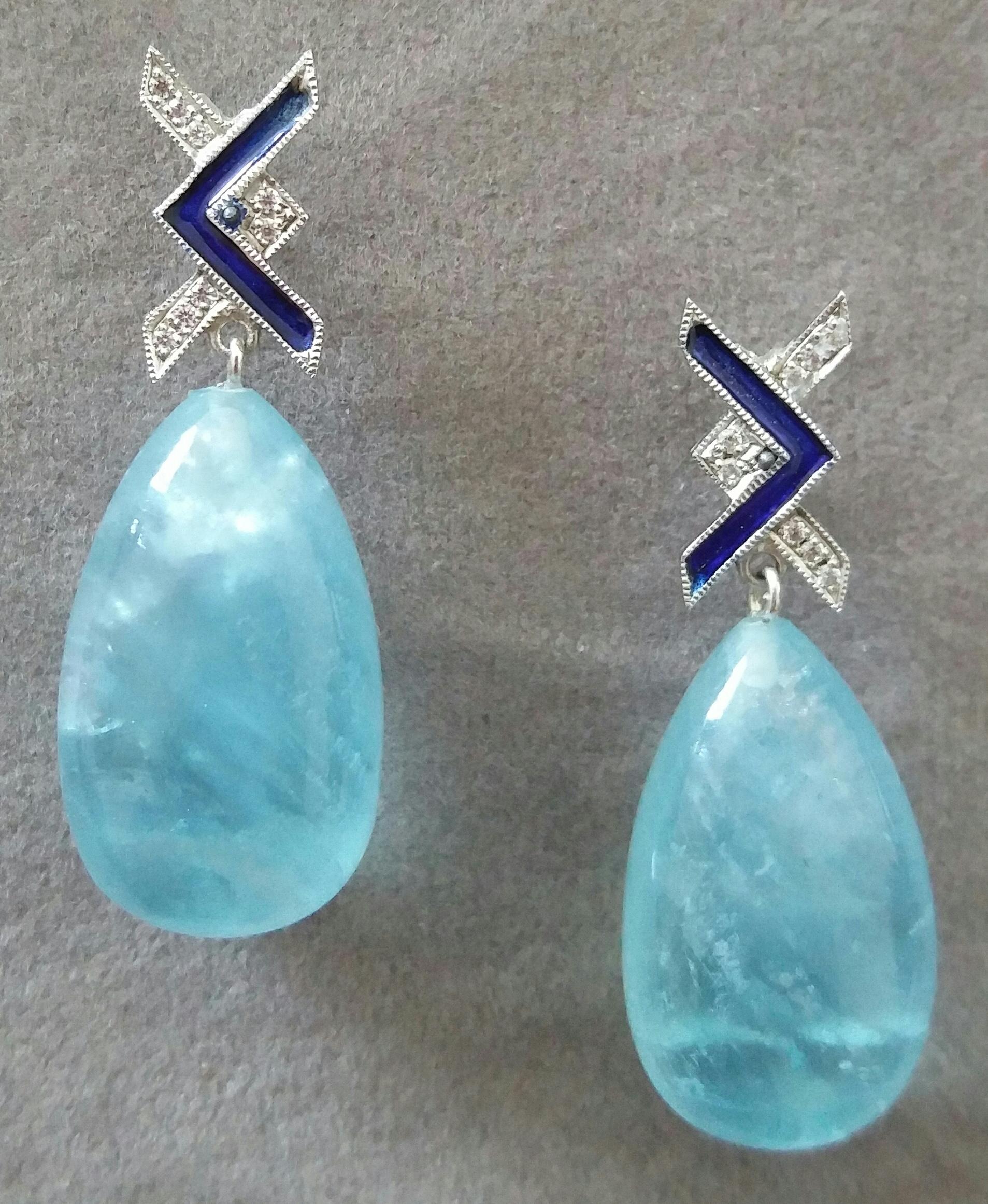 Pear Cut Art Deco Style 14 Kt Gold Diamonds Blue Enamel Natural Aquamarine Drop Earrings For Sale