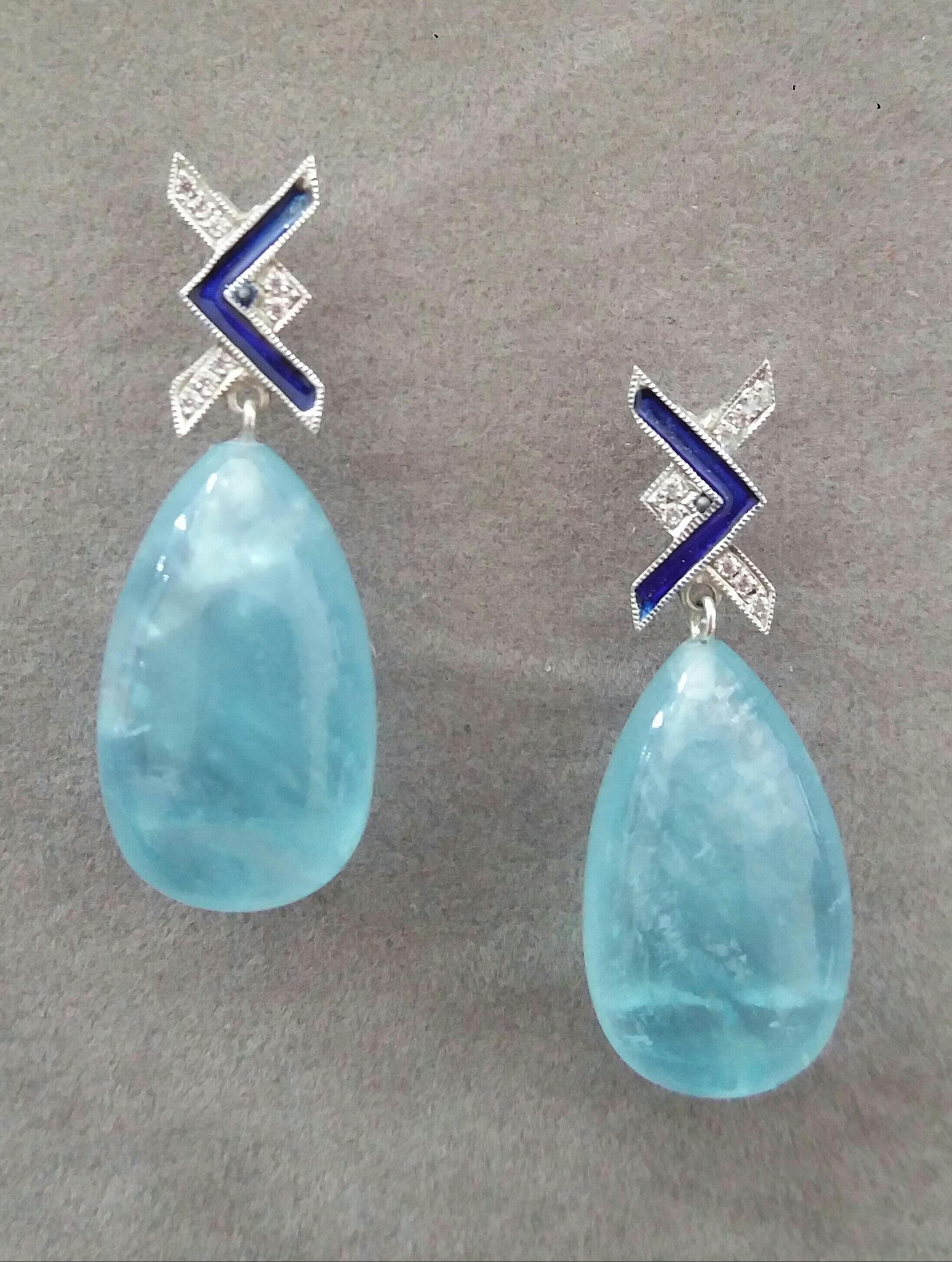 Art Deco Style 14 Kt Gold Diamonds Blue Enamel Natural Aquamarine Drop Earrings In Good Condition For Sale In Bangkok, TH