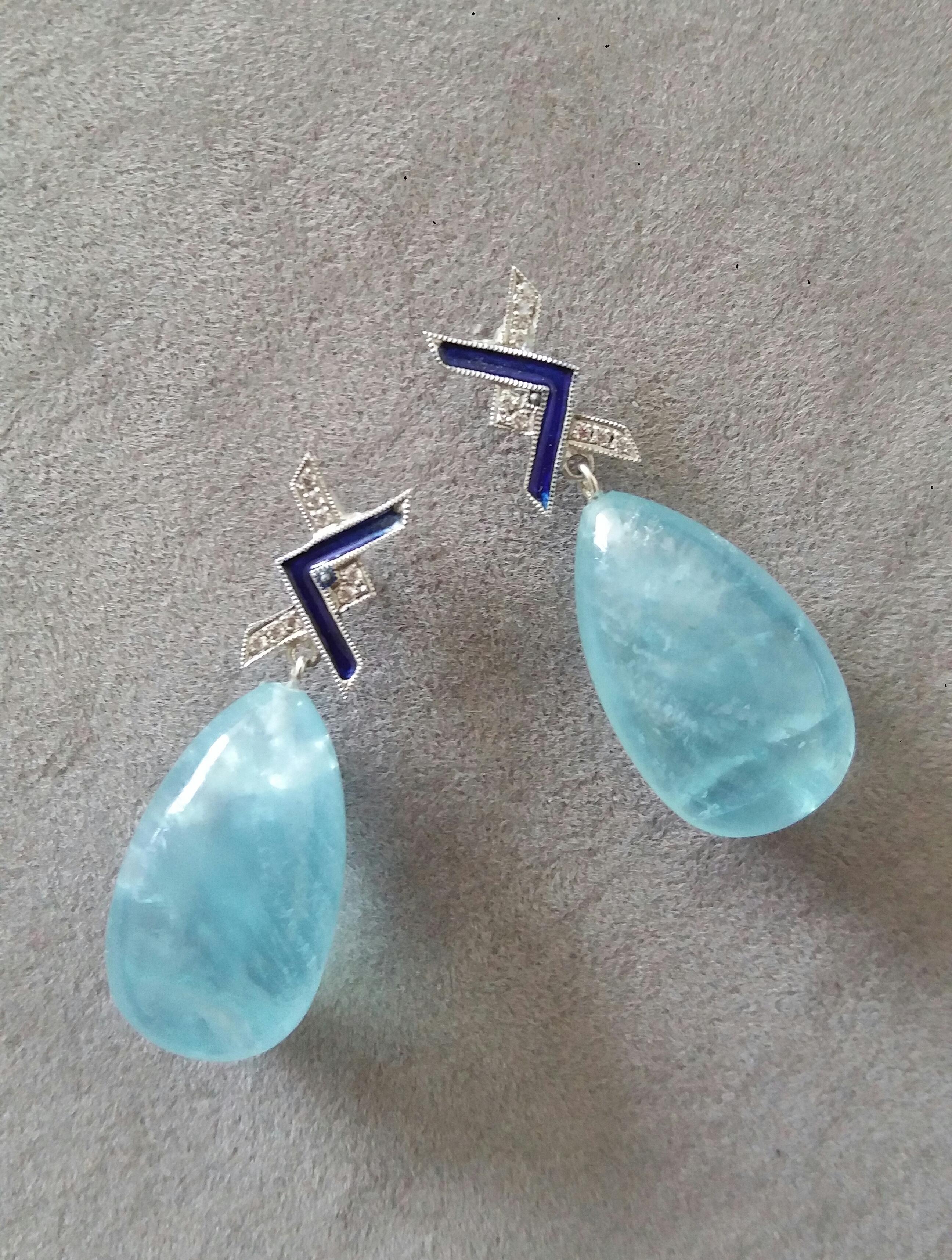 Women's Art Deco Style 14 Kt Gold Diamonds Blue Enamel Natural Aquamarine Drop Earrings For Sale