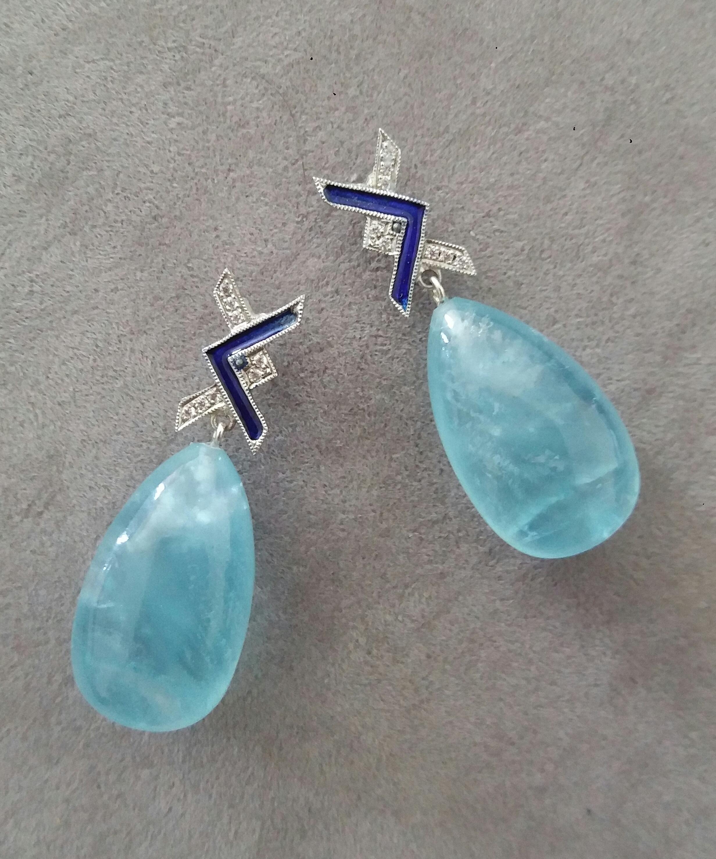 Art Deco Style 14 Kt Gold Diamonds Blue Enamel Natural Aquamarine Drop Earrings For Sale 1
