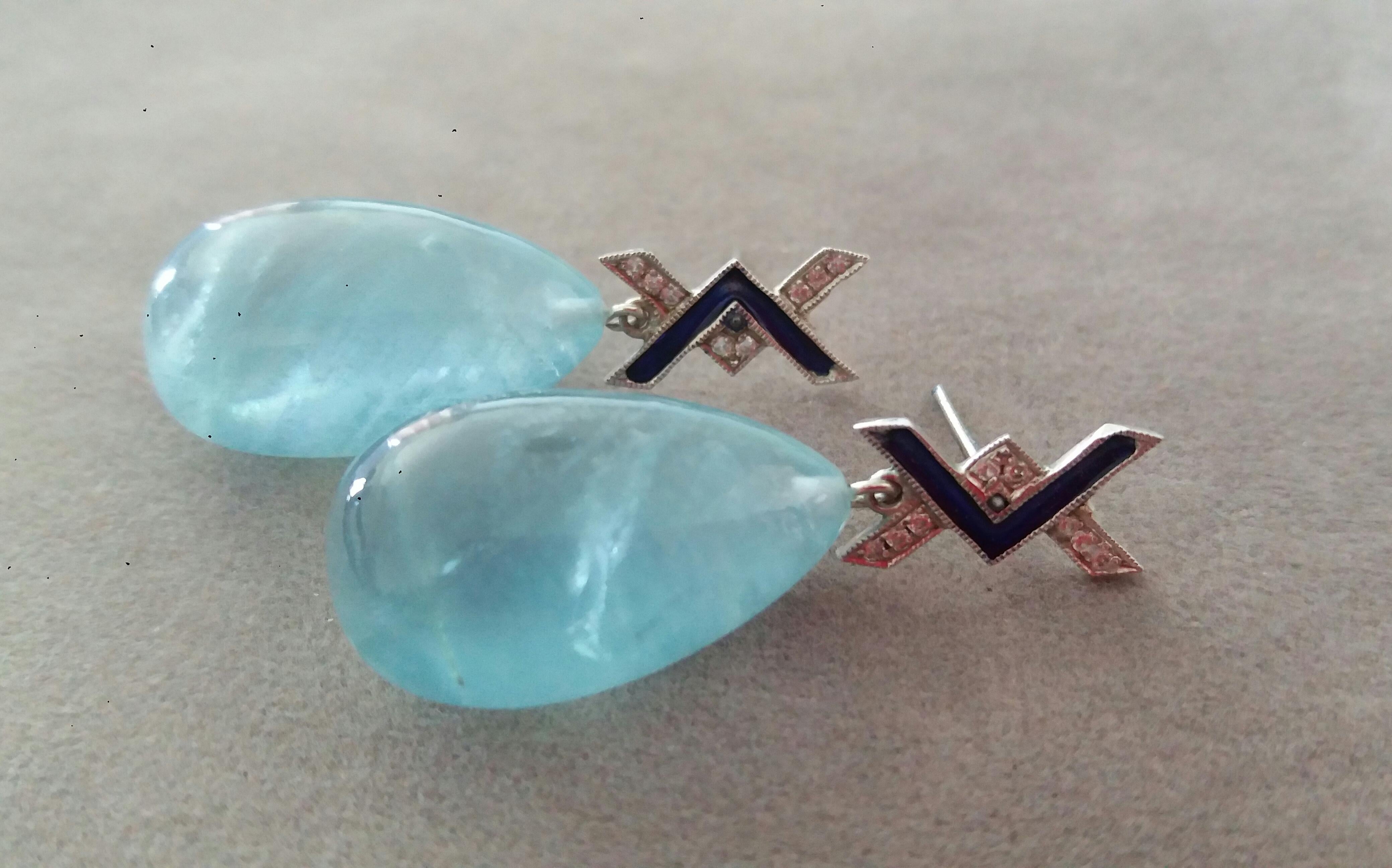 Art Deco Style 14 Kt Gold Diamonds Blue Enamel Natural Aquamarine Drop Earrings For Sale 2