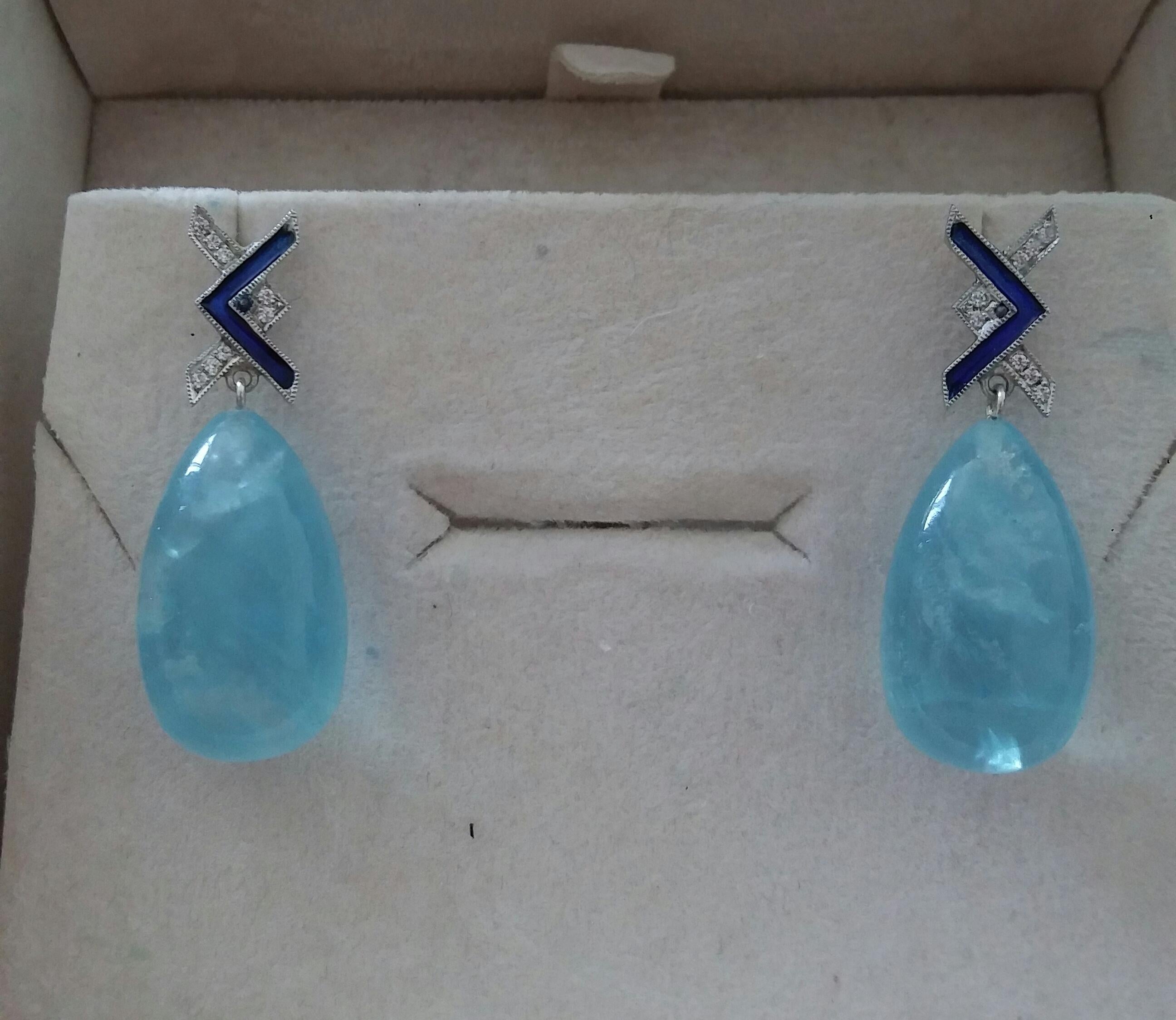 Art Deco Style 14 Kt Gold Diamonds Blue Enamel Natural Aquamarine Drop Earrings For Sale 4