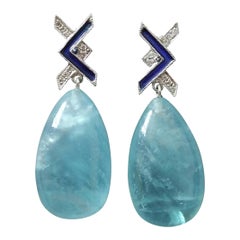 Boucles d'oreilles en goutte de style Art déco en or 14 carats, diamants, émail bleu et aigue-marine naturelle
