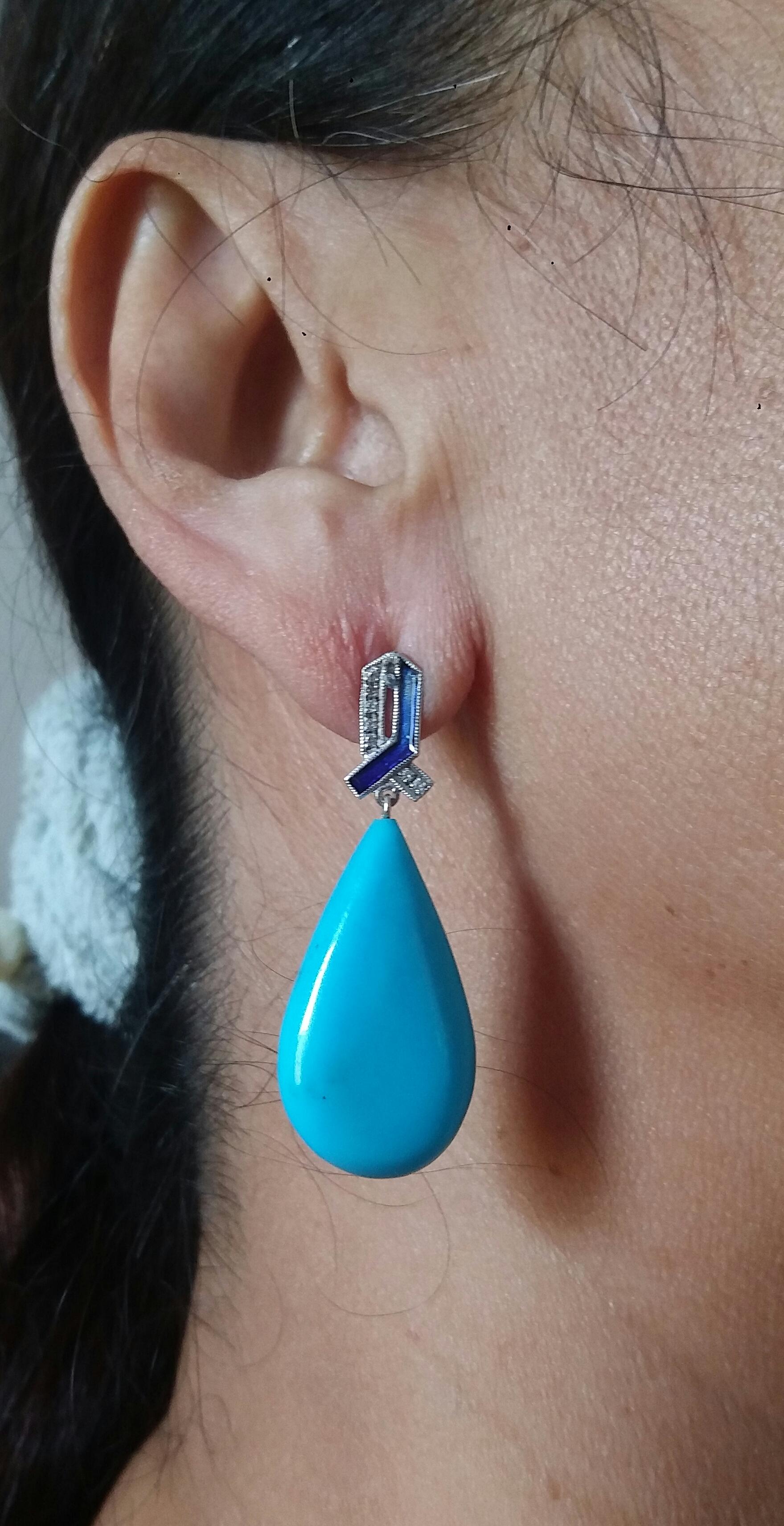 Art Deco Style 14 Kt Gold Diamonds Blue Enamel Natural Turquoise Drop Earrings For Sale 5