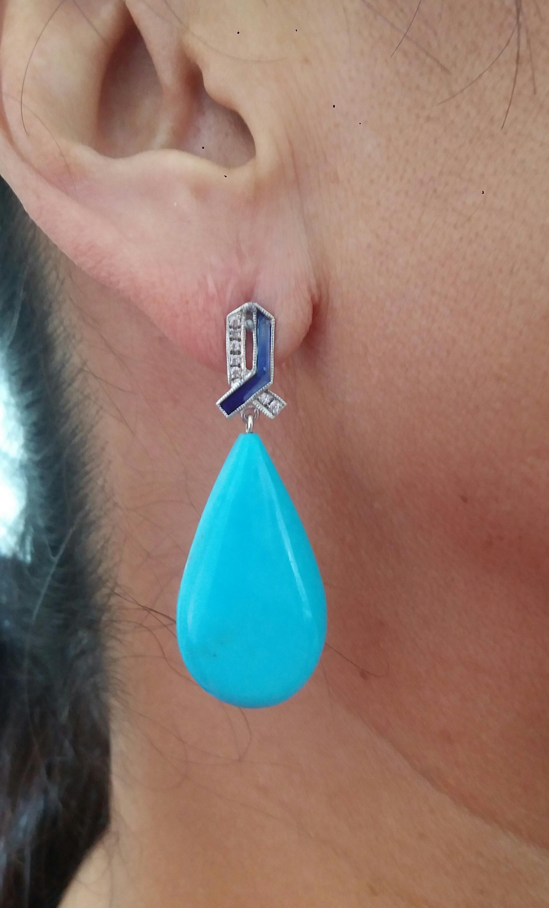 Art Deco Style 14 Kt Gold Diamonds Blue Enamel Natural Turquoise Drop Earrings For Sale 6