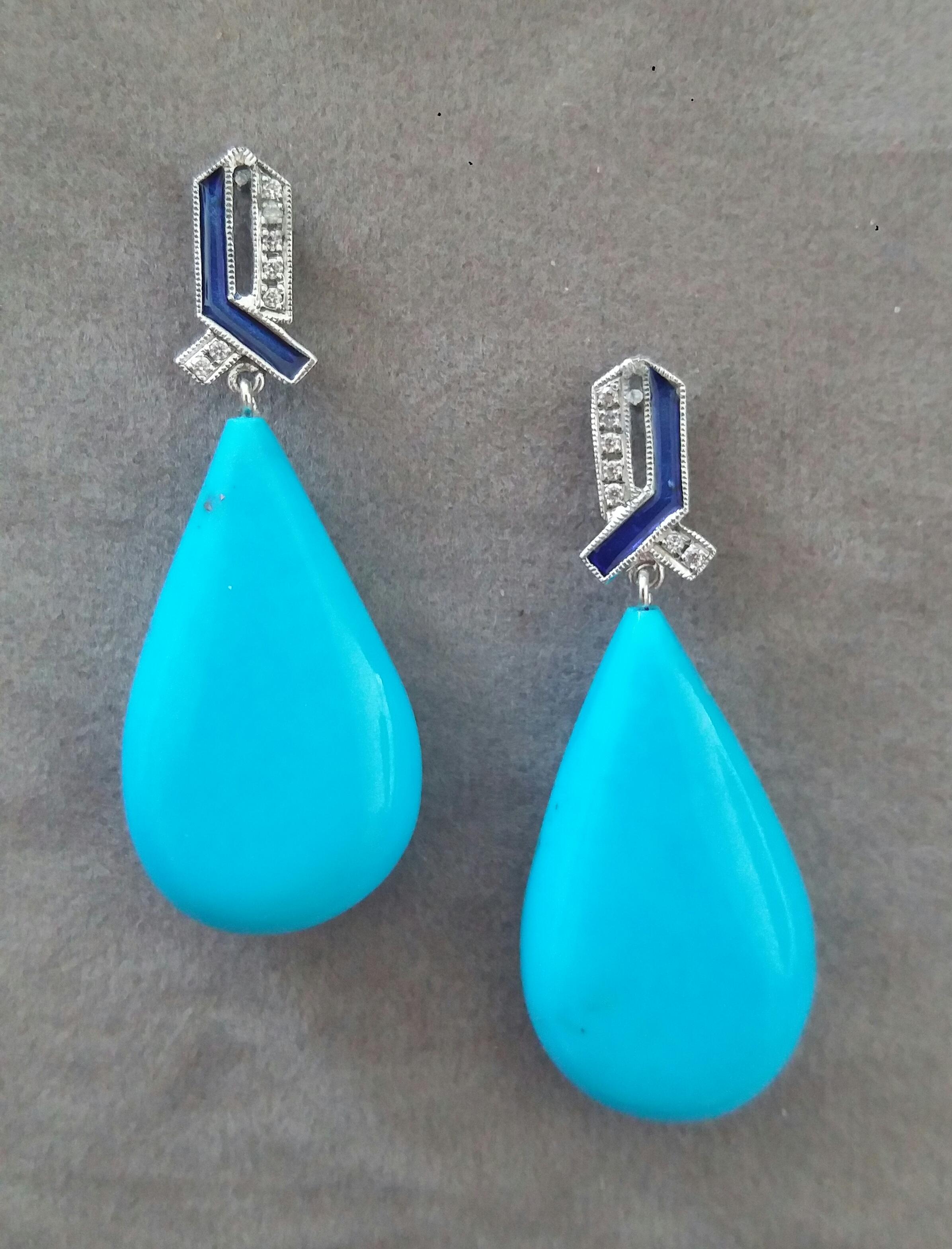 Pear Cut Art Deco Style 14 Kt Gold Diamonds Blue Enamel Natural Turquoise Drop Earrings For Sale