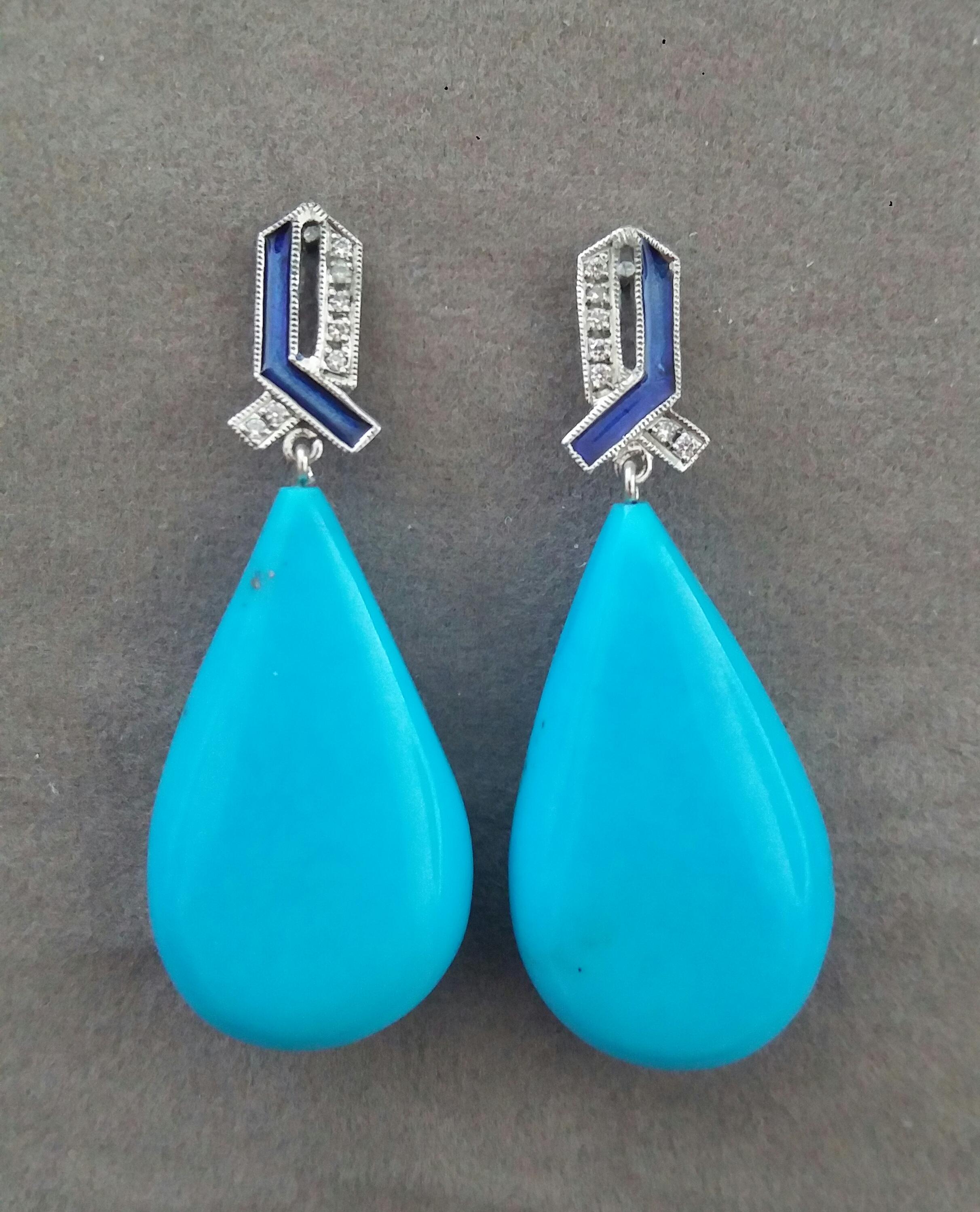 Art Deco Style 14 Kt Gold Diamonds Blue Enamel Natural Turquoise Drop Earrings In Good Condition For Sale In Bangkok, TH