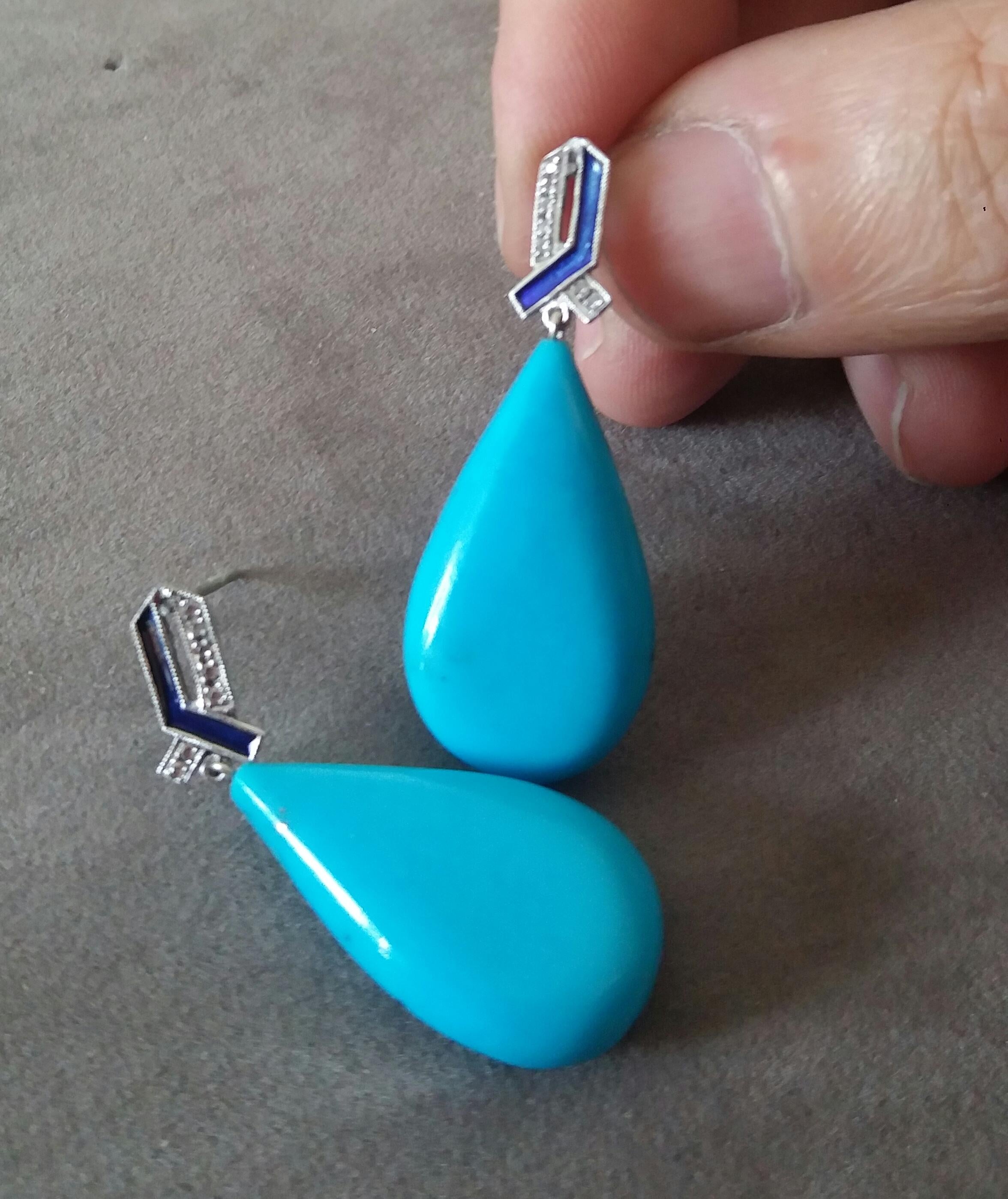 Art Deco Style 14 Kt Gold Diamonds Blue Enamel Natural Turquoise Drop Earrings In Good Condition In Bangkok, TH