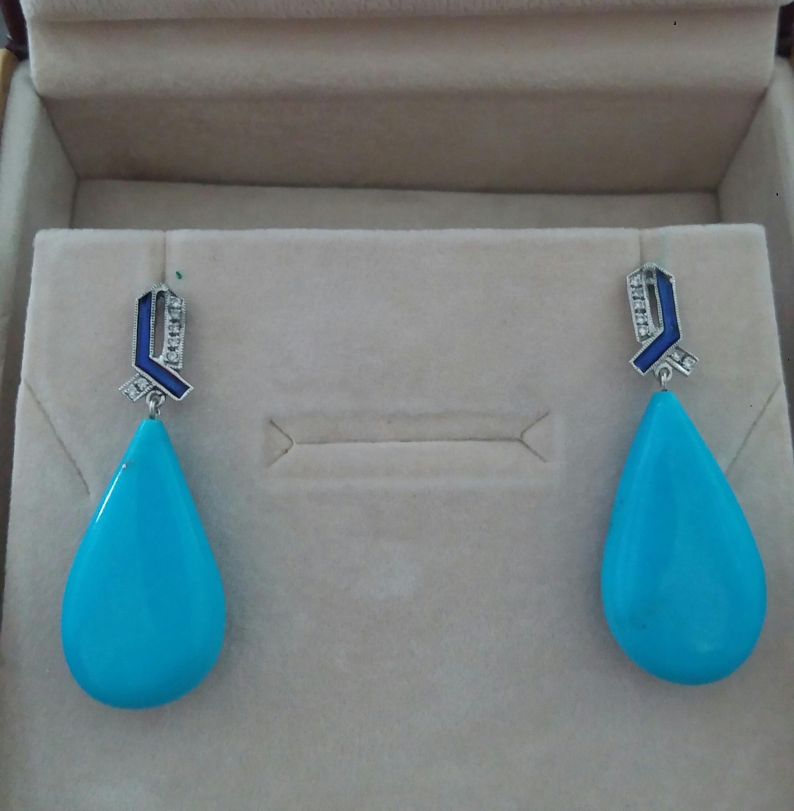 Women's Art Deco Style 14 Kt Gold Diamonds Blue Enamel Natural Turquoise Drop Earrings