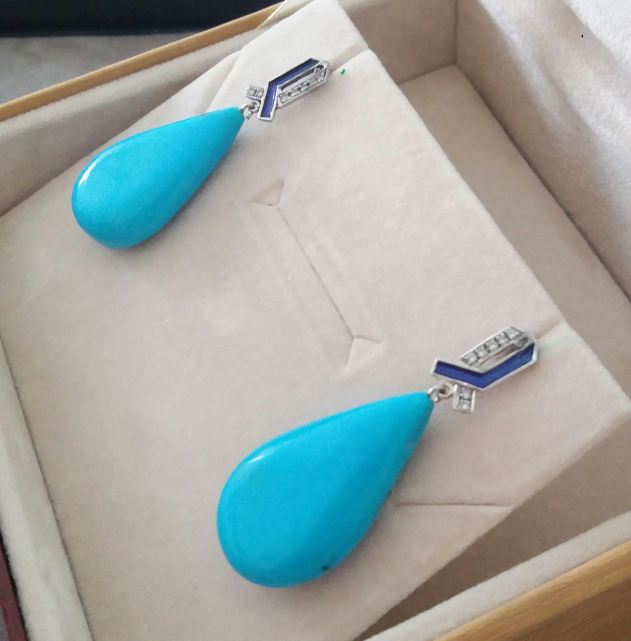Orecchini a goccia in stile Art Deco in oro 14 Kt con diamanti, smalto blu e turchese naturale in vendita 1