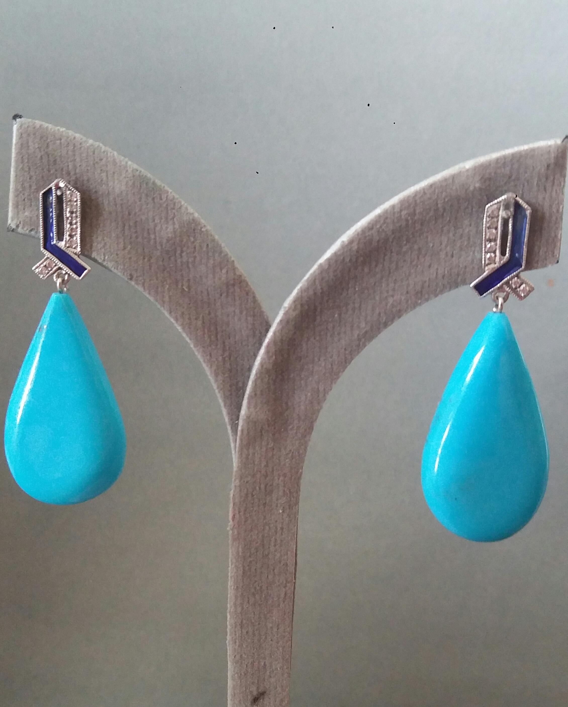 Art Deco Style 14 Kt Gold Diamonds Blue Enamel Natural Turquoise Drop Earrings 2