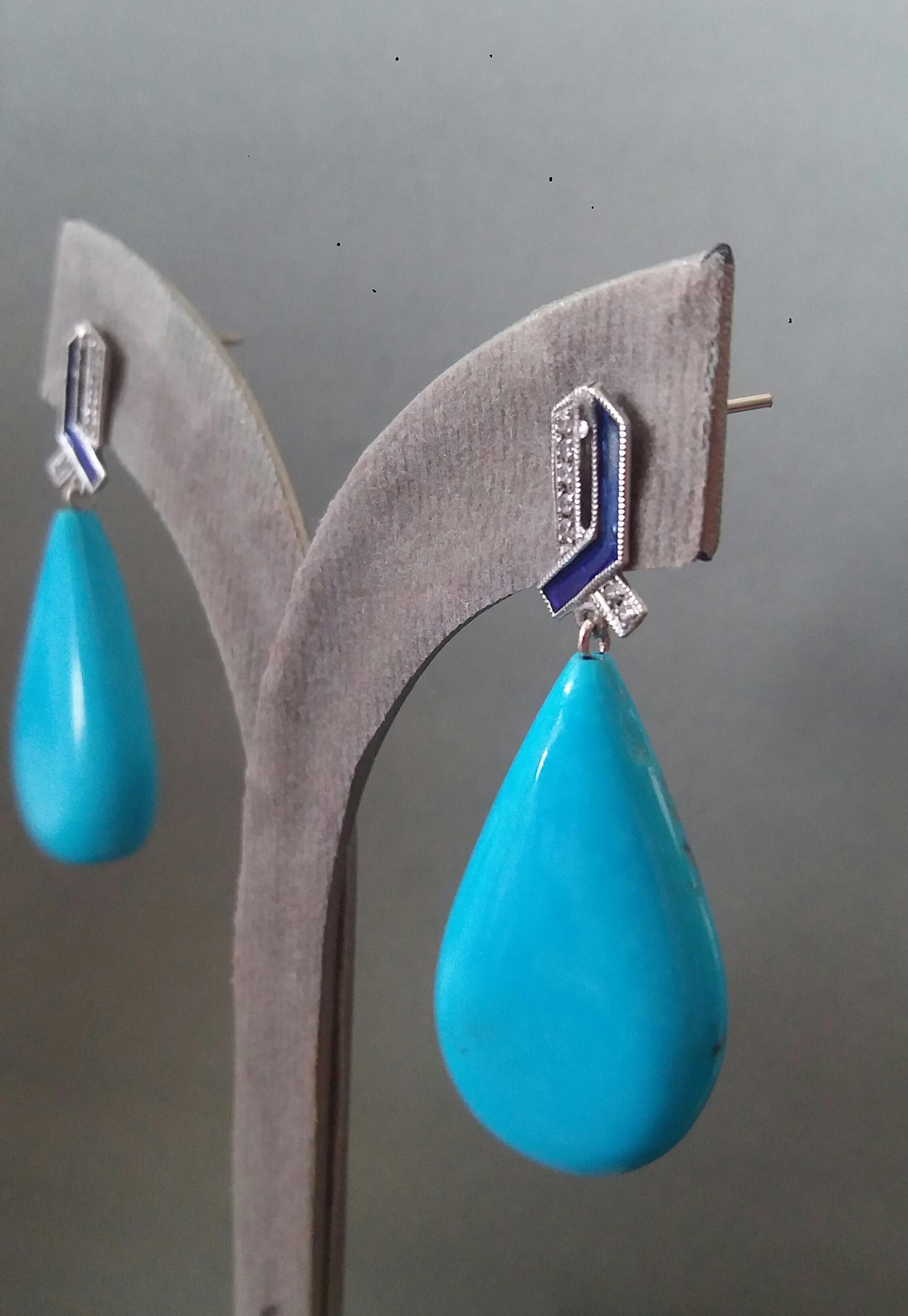 Art Deco Style 14 Kt Gold Diamonds Blue Enamel Natural Turquoise Drop Earrings For Sale 4