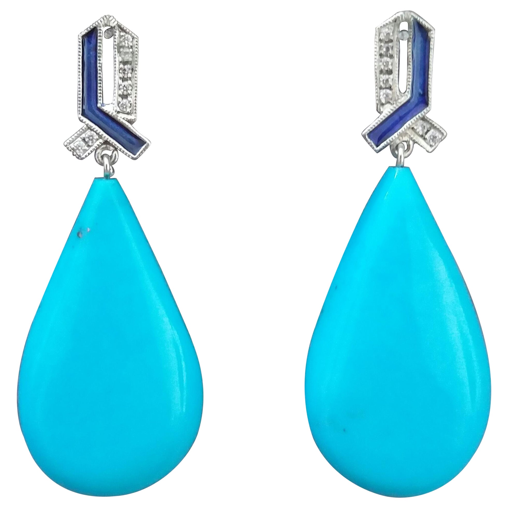 Art Deco Style 14 Kt Gold Diamonds Blue Enamel Natural Turquoise Drop Earrings