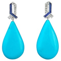 Art Deco Style 14 Kt Gold Diamonds Blue Enamel Natural Turquoise Drop Earrings