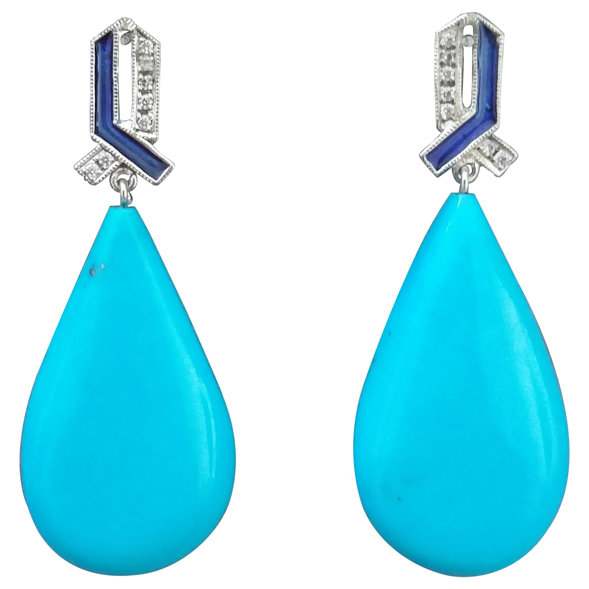 Turquoise Drops Art Deco Style 14 Kt Solid Gold Diamonds Blue Enamel  Earrings