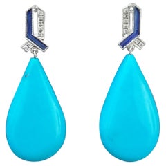 Turquoise Drops Art Deco Style 14 Kt Solid Gold Diamonds Blue Enamel  Earrings
