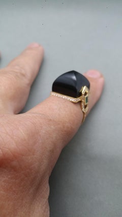 Art Deco Style 14 Kt Gold Diamonds Emeralds Black Onyx Pyramid Cocktail Ring