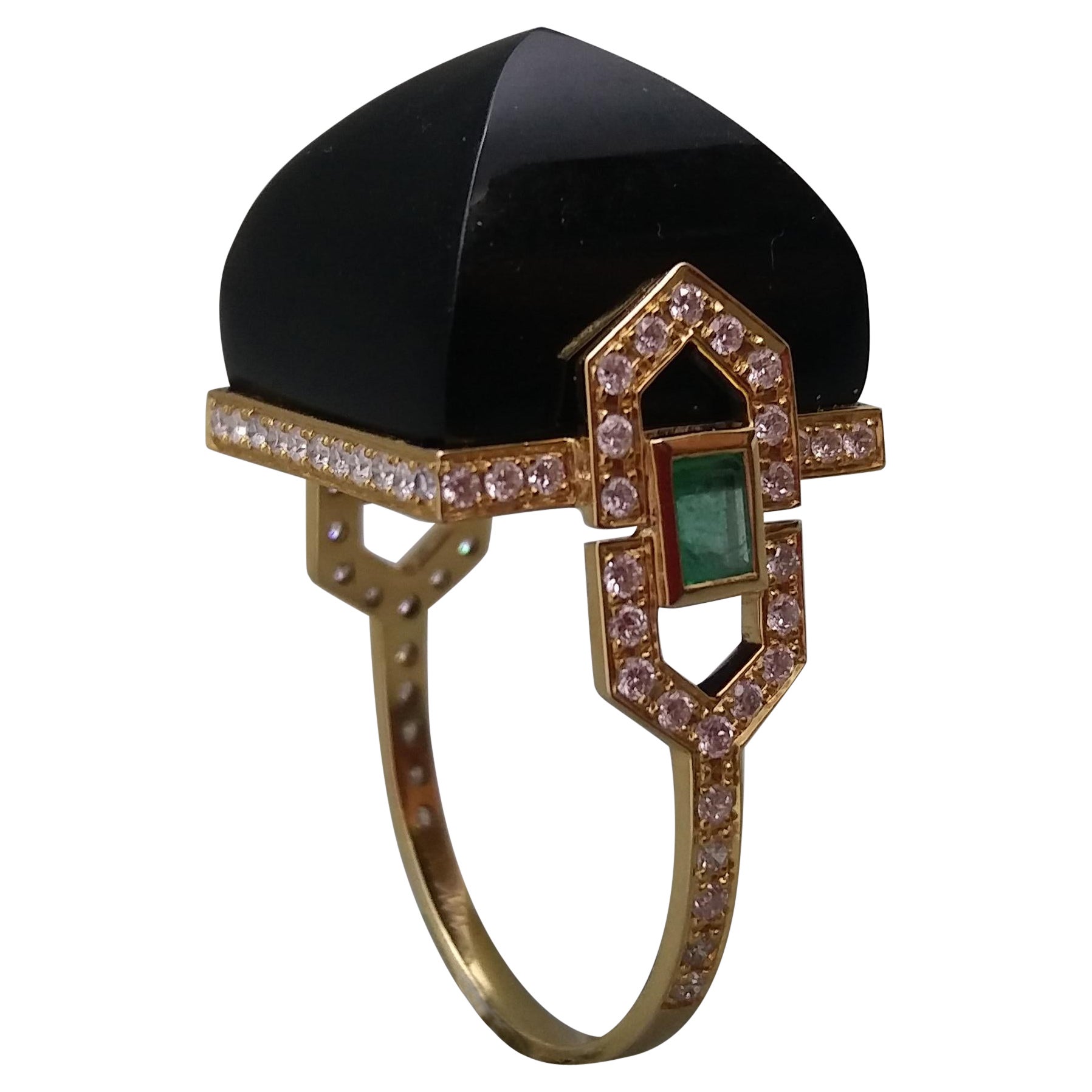 Art Deco Style 14 Kt Gold Diamonds Emeralds Black Onyx Pyramid Cocktail Ring For Sale