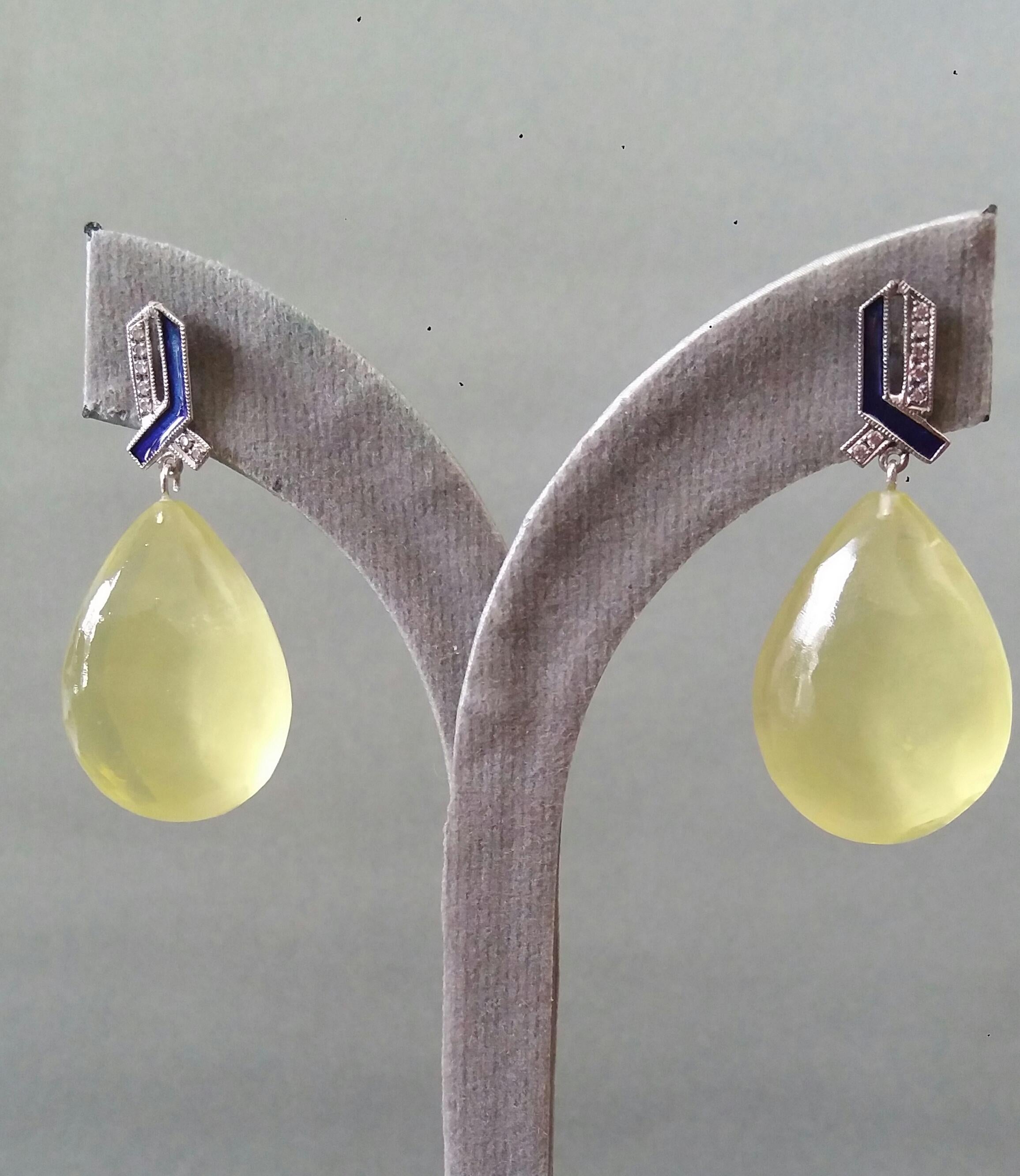 Art Deco Style 14 Kt Gold Diamonds Enamel Natural Lemon Quartz Drop Earrings For Sale 5