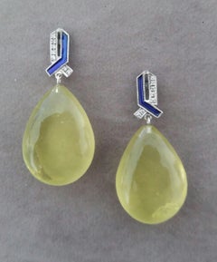 Art Deco Style 14 Kt Gold Diamonds Enamel Natural Lemon Quartz Drop Earrings