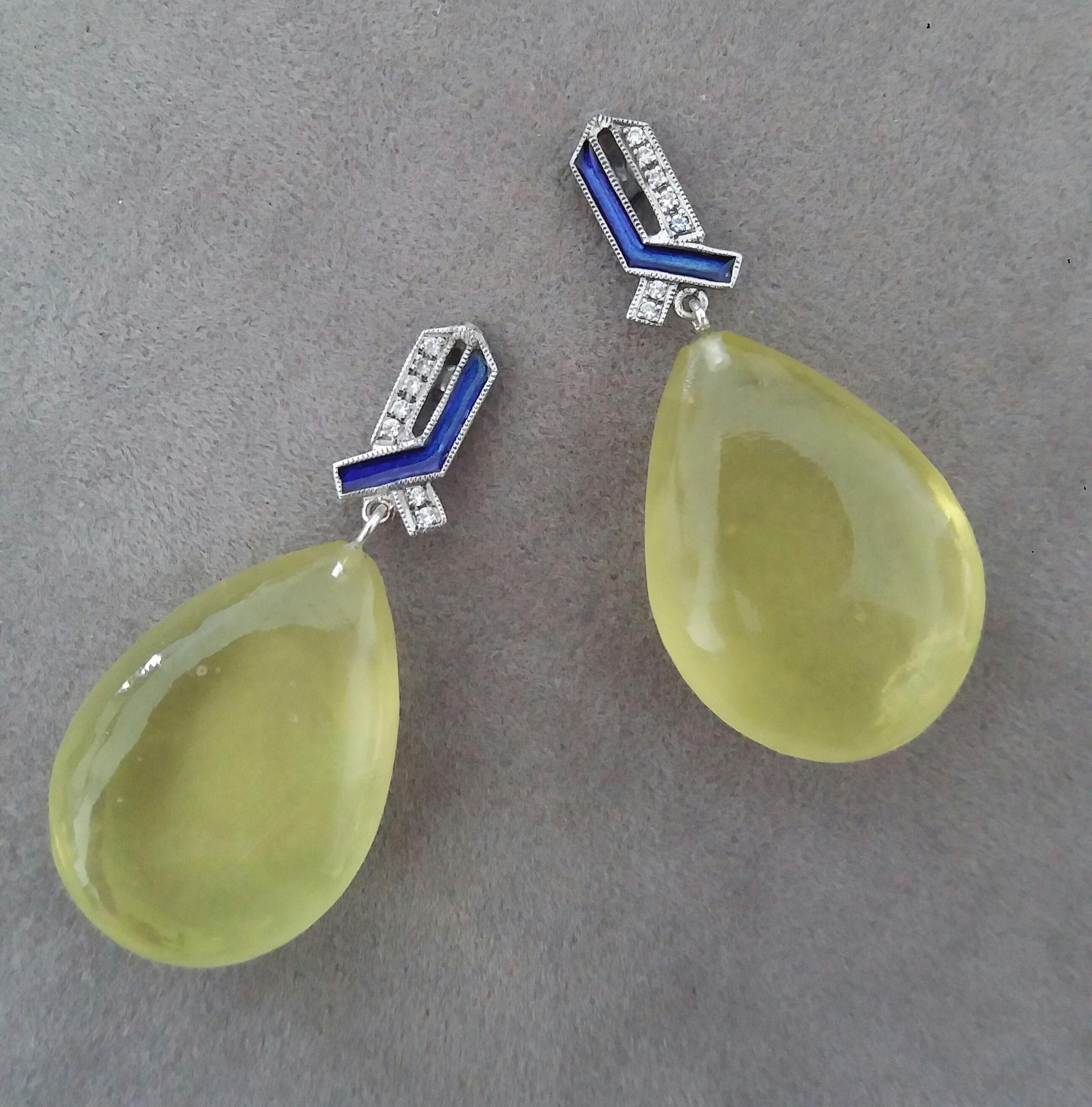 Pear Cut Art Deco Style 14 Kt Gold Diamonds Enamel Natural Lemon Quartz Drop Earrings For Sale