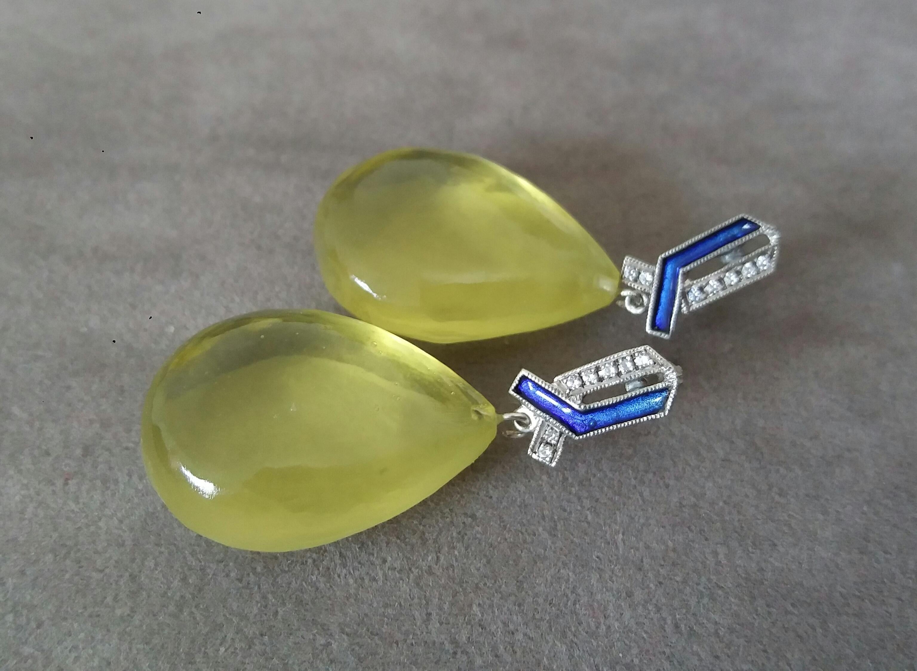 Art Deco Style 14 Kt Gold Diamonds Enamel Natural Lemon Quartz Drop Earrings In Good Condition For Sale In Bangkok, TH