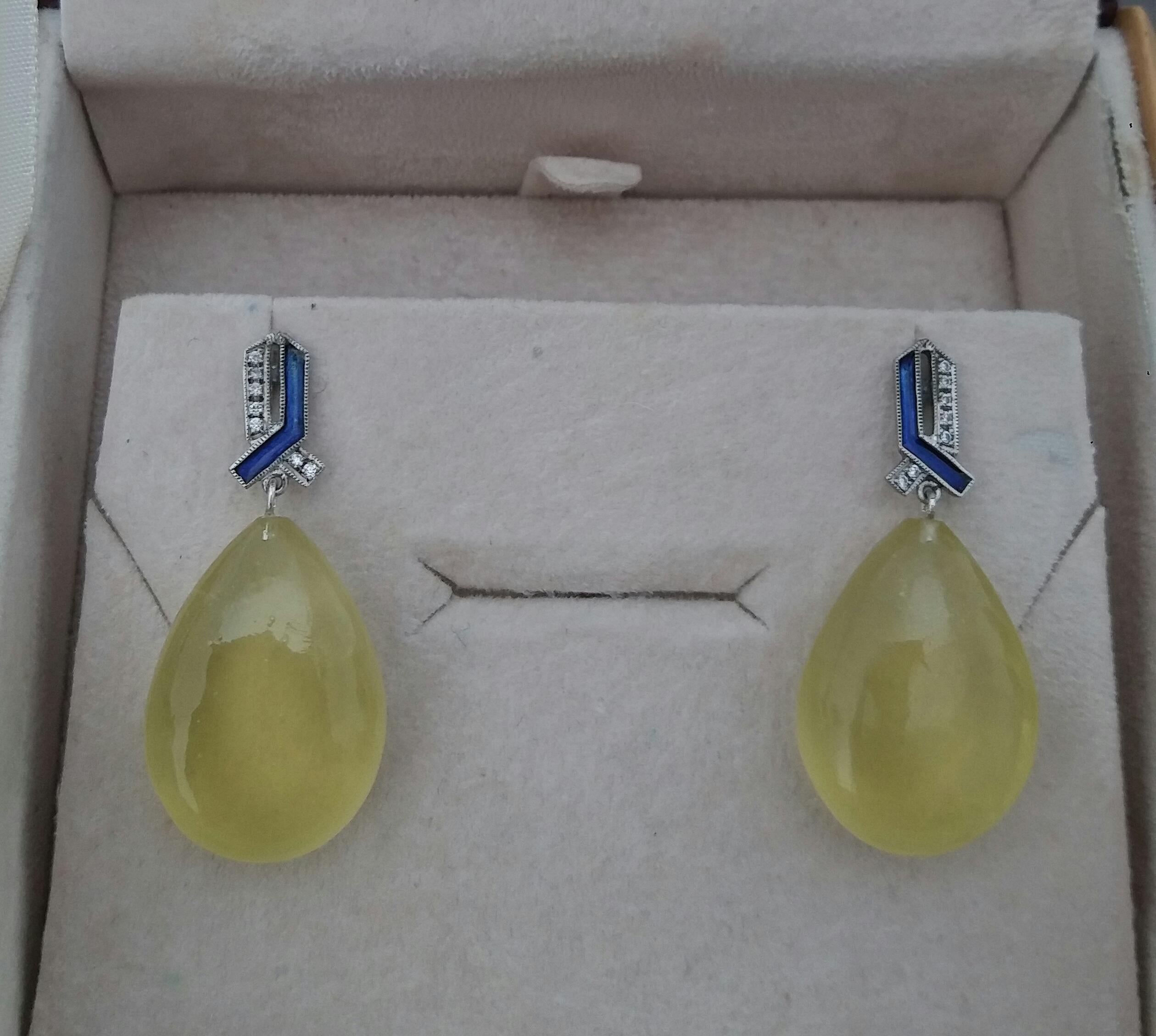 Art Deco Style 14 Kt Gold Diamonds Enamel Natural Lemon Quartz Drop Earrings For Sale 1