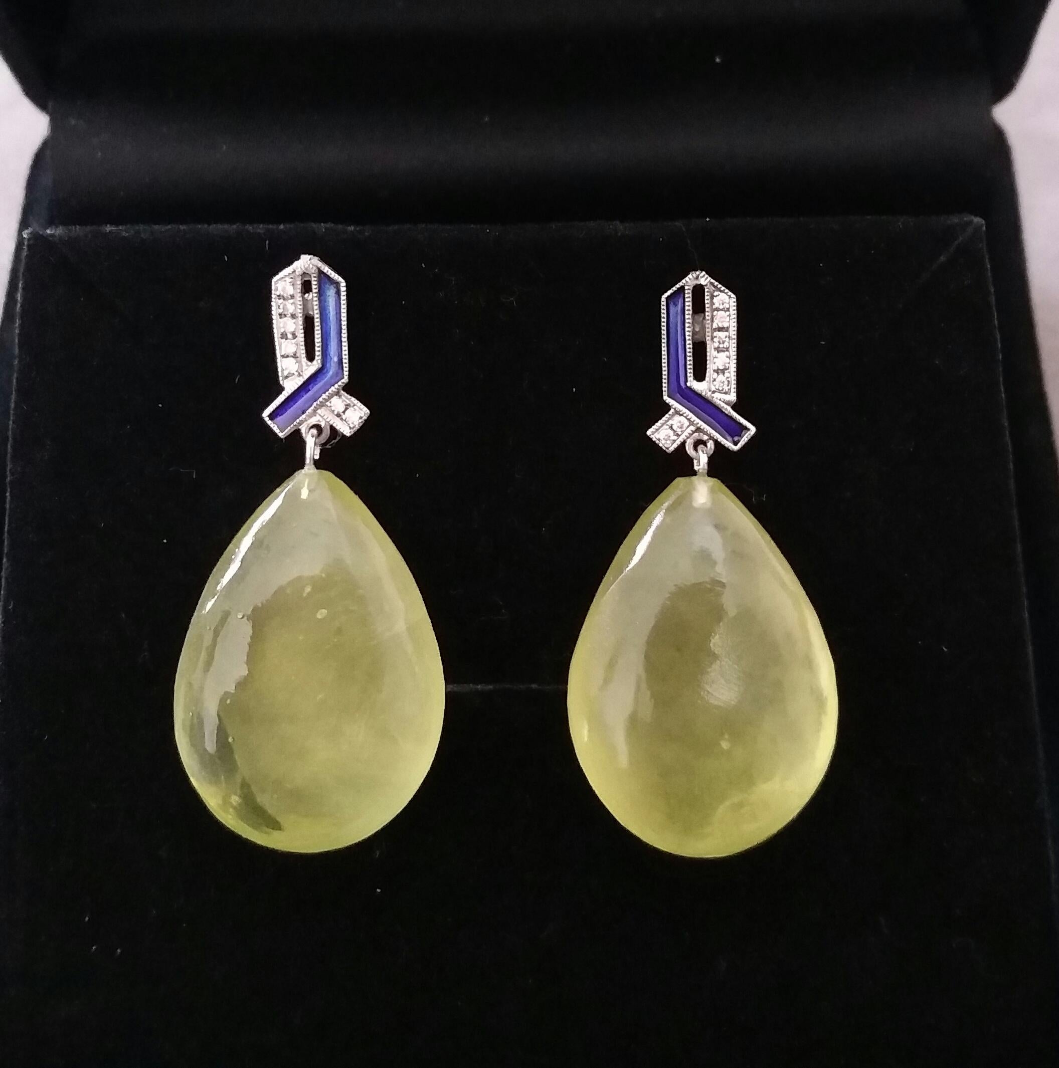 Art Deco Style 14 Kt Gold Diamonds Enamel Natural Lemon Quartz Drop Earrings For Sale 3