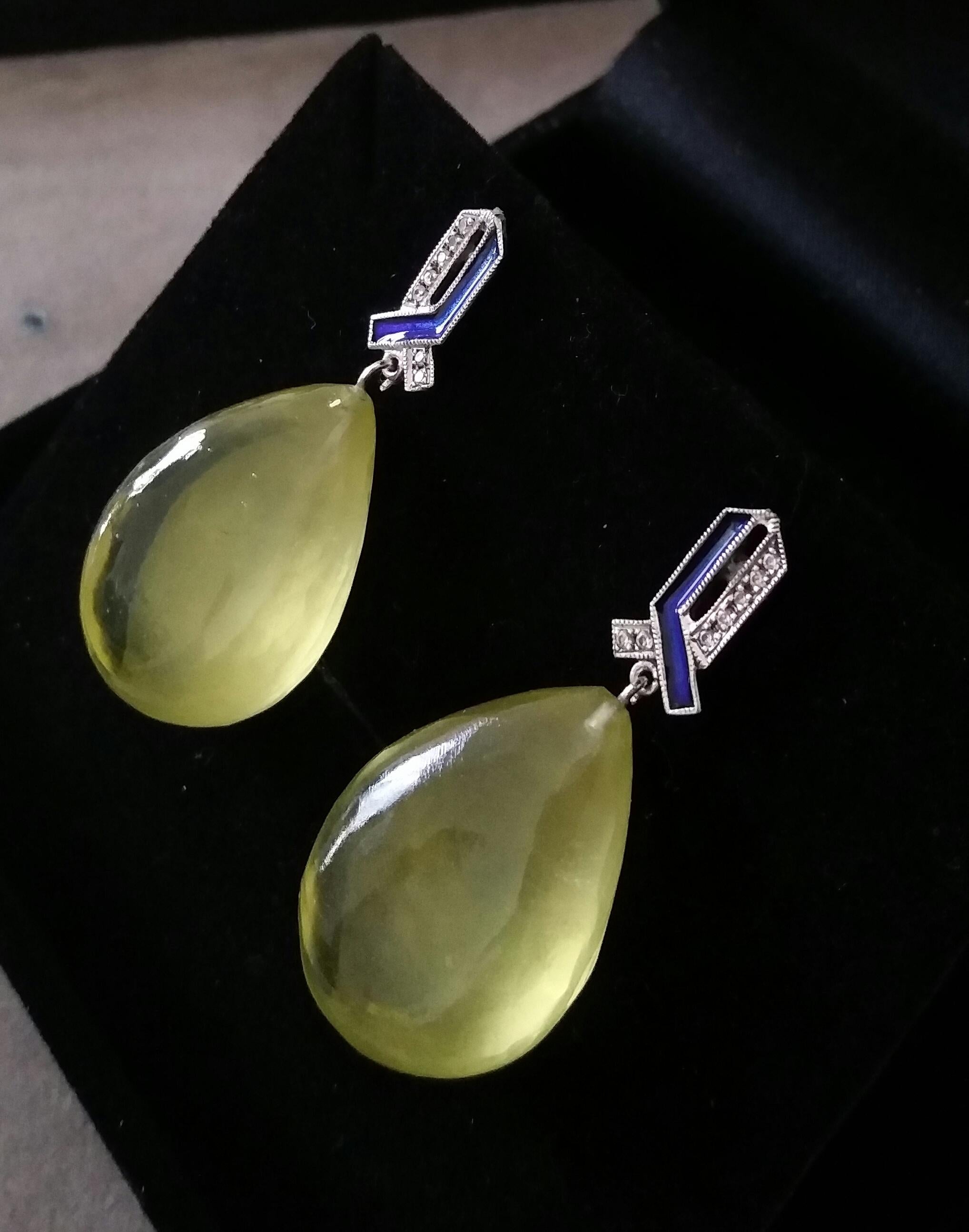 Art Deco Style 14 Kt Gold Diamonds Enamel Natural Lemon Quartz Drop Earrings For Sale 4