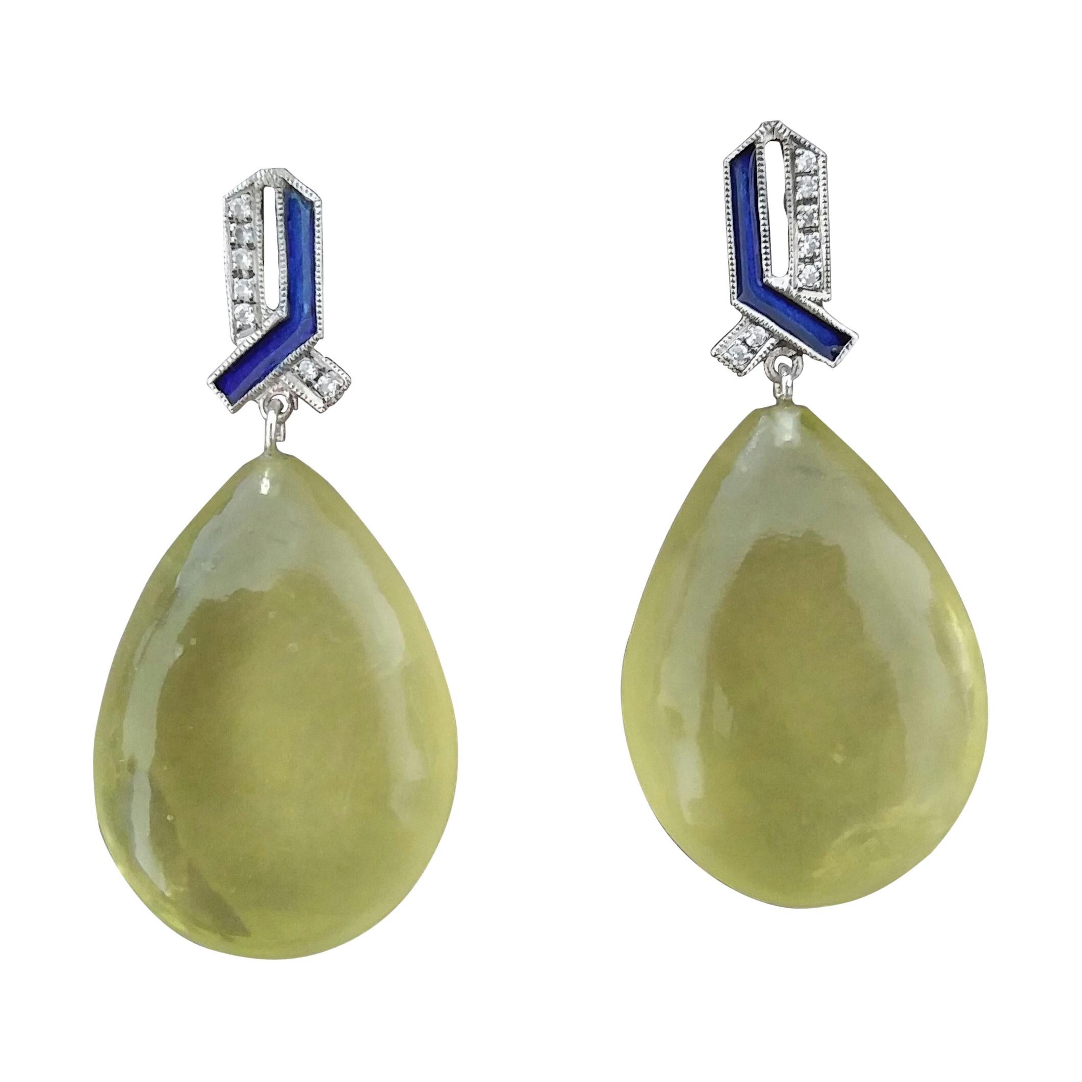 Art Deco Style 14 Kt Gold Diamonds Enamel Natural Lemon Quartz Drop Earrings For Sale